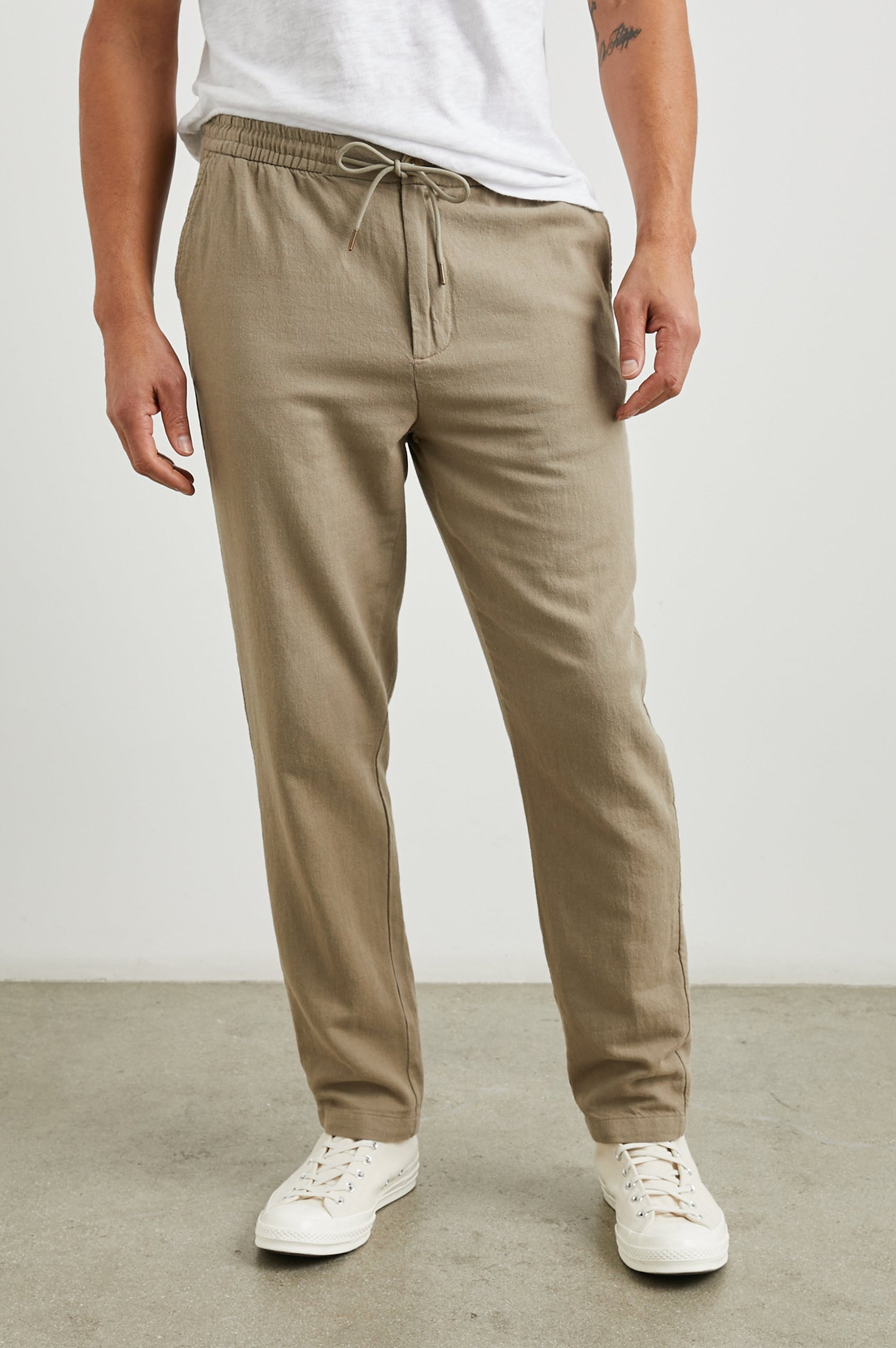 Callum Pants with a Drawstring Waist, Two Front Pockets and a Back Patch Pocket in Barley Colorway - Front View Featured on Model