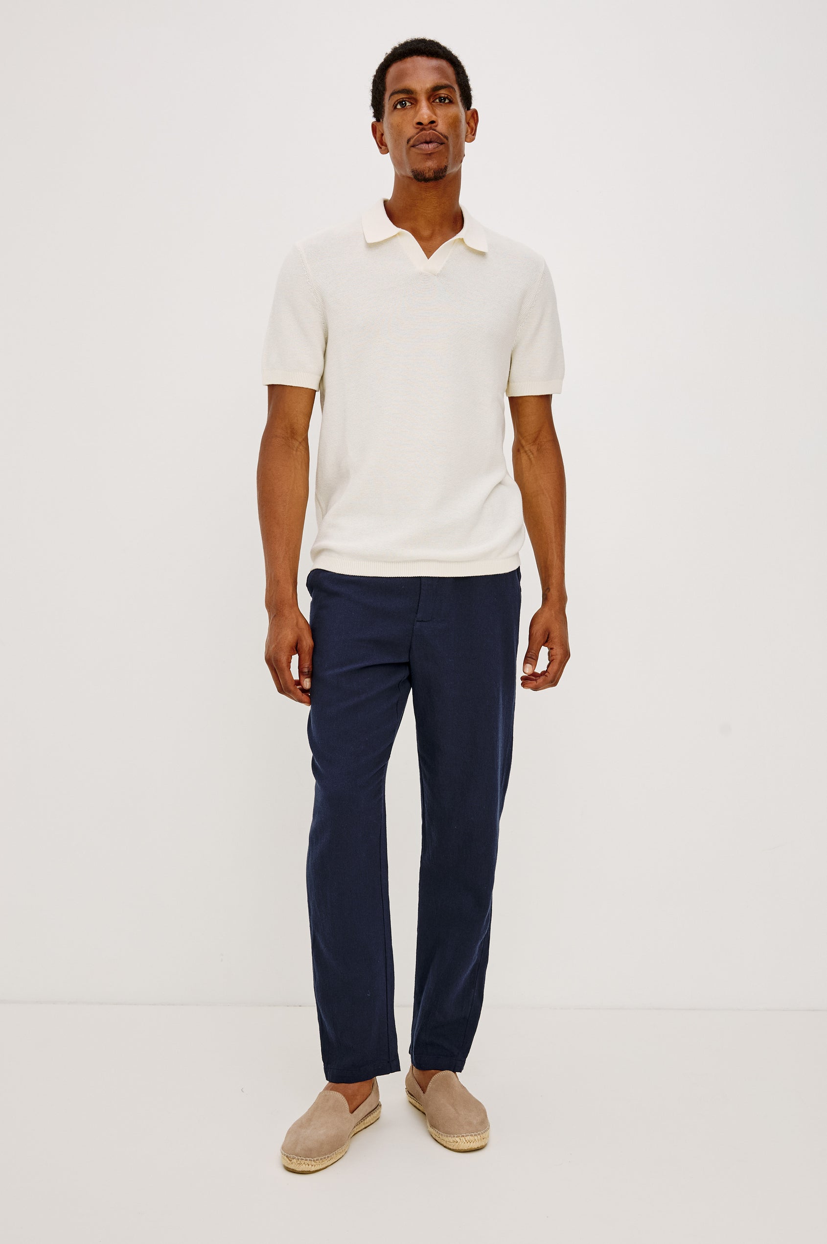 Callum Pants with a Drawstring Waist, Two Front Pockets and a Back Patch Pocket in Deep Meridian Colorway - Front Full Body View Featured on Model