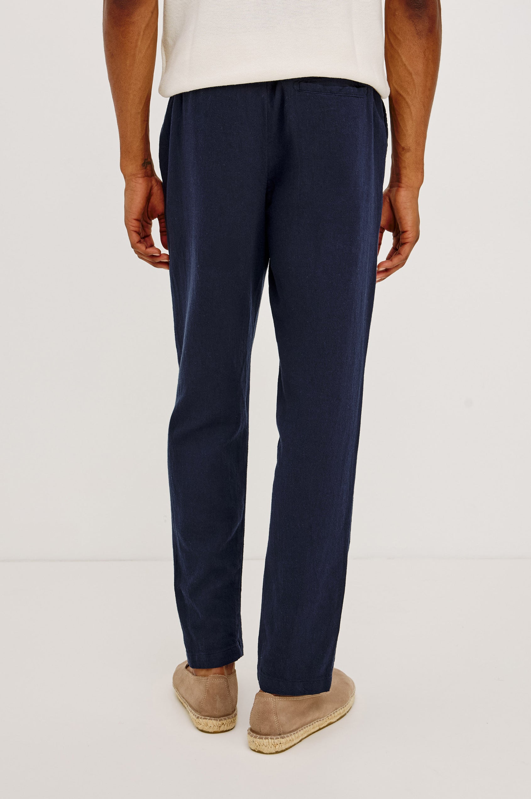 Callum Pants with a Drawstring Waist, Two Front Pockets and a Back Patch Pocket in Deep Meridian Colorway - back View Featured on Model