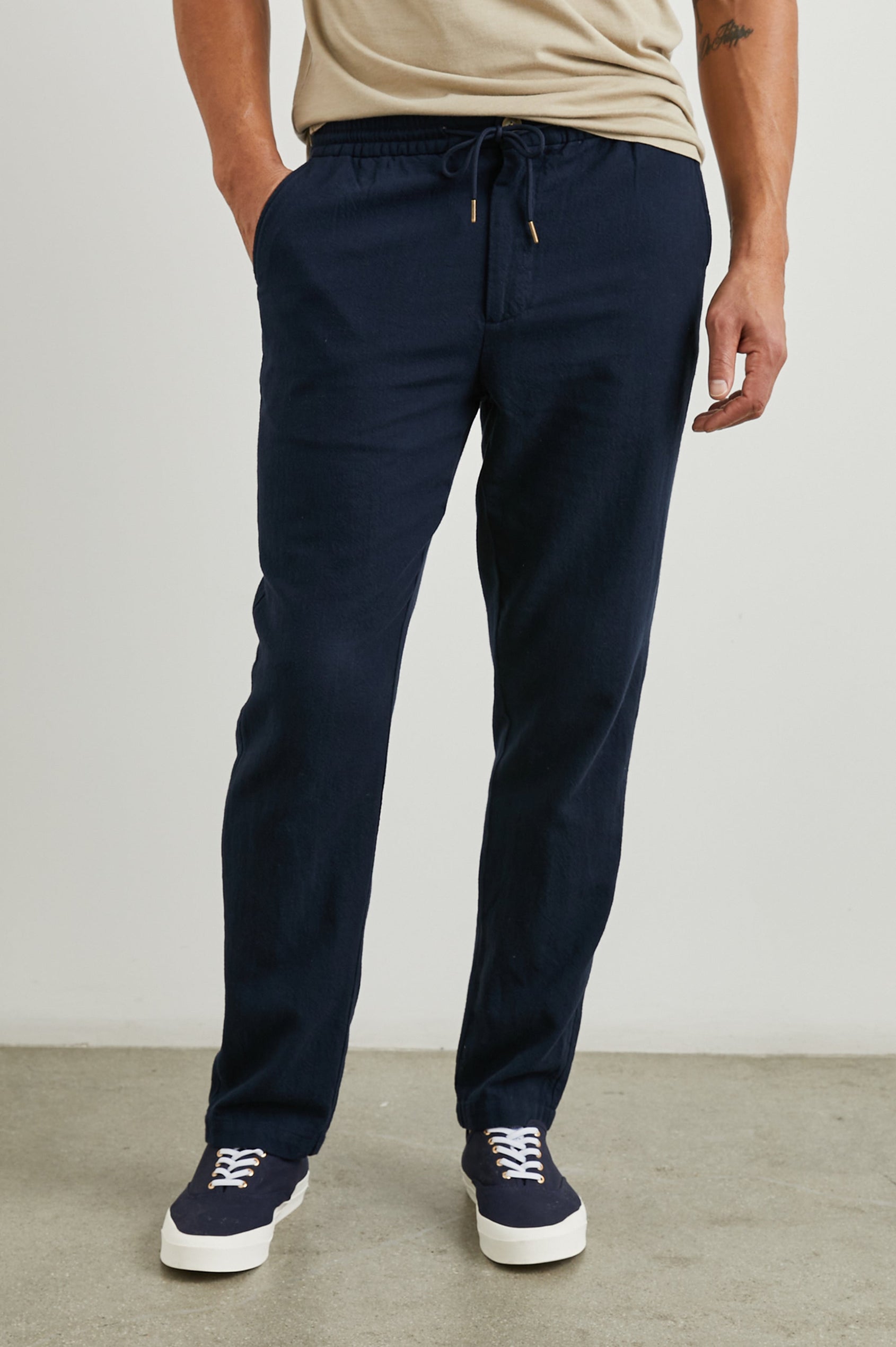 Callum Pants with a Drawstring Waist, Two Front Pockets and a Back Patch Pocket in Deep Meridian Colorway - Front View Featured on Model