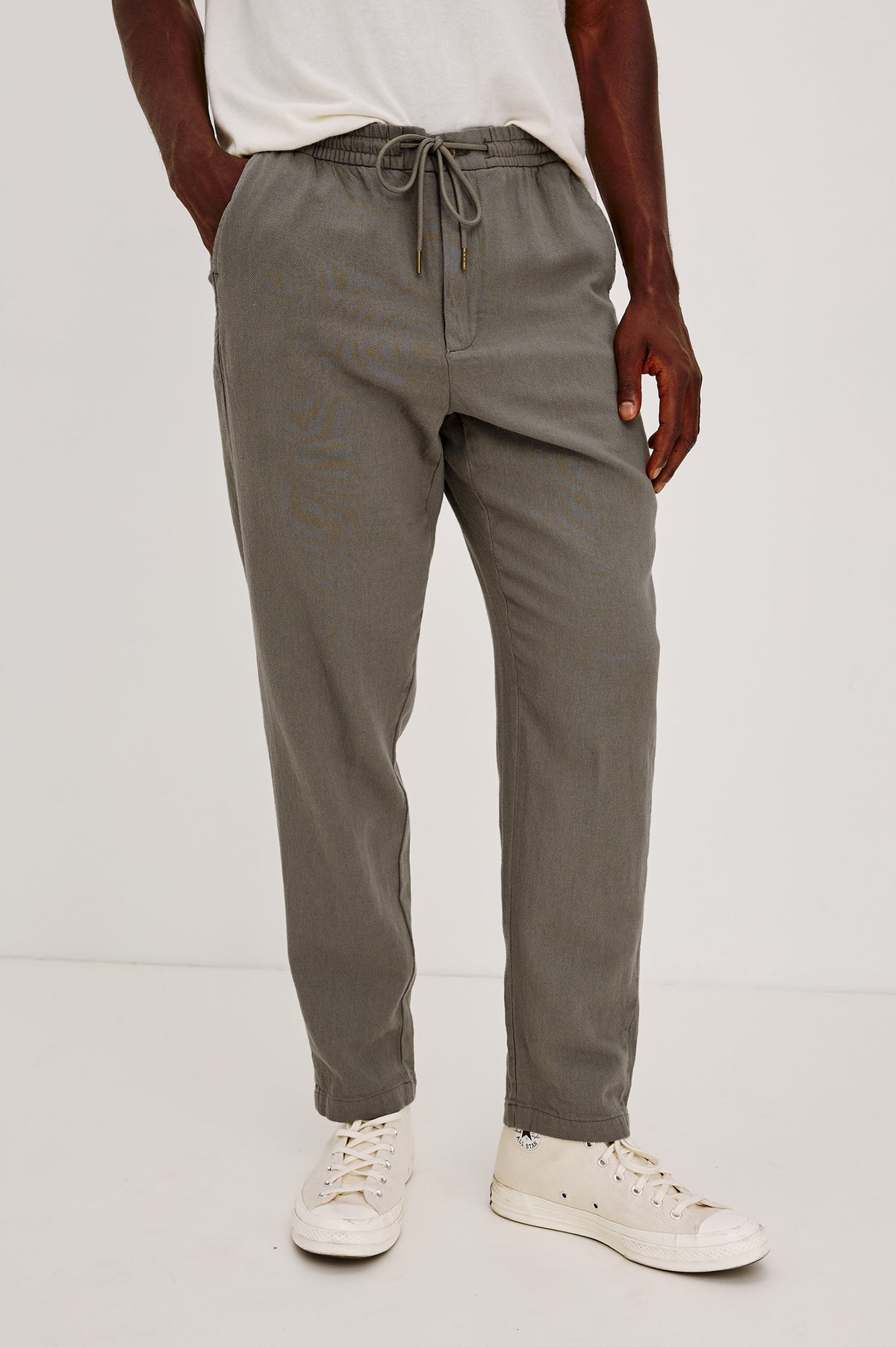 Callum Pant in Cotton-Linen Blend With Straight Legs, Drawstring Waist, Side Pockets, and Back Welt Pocket in Fallen Rock Colorway - Lower Body Front View Featured on Model