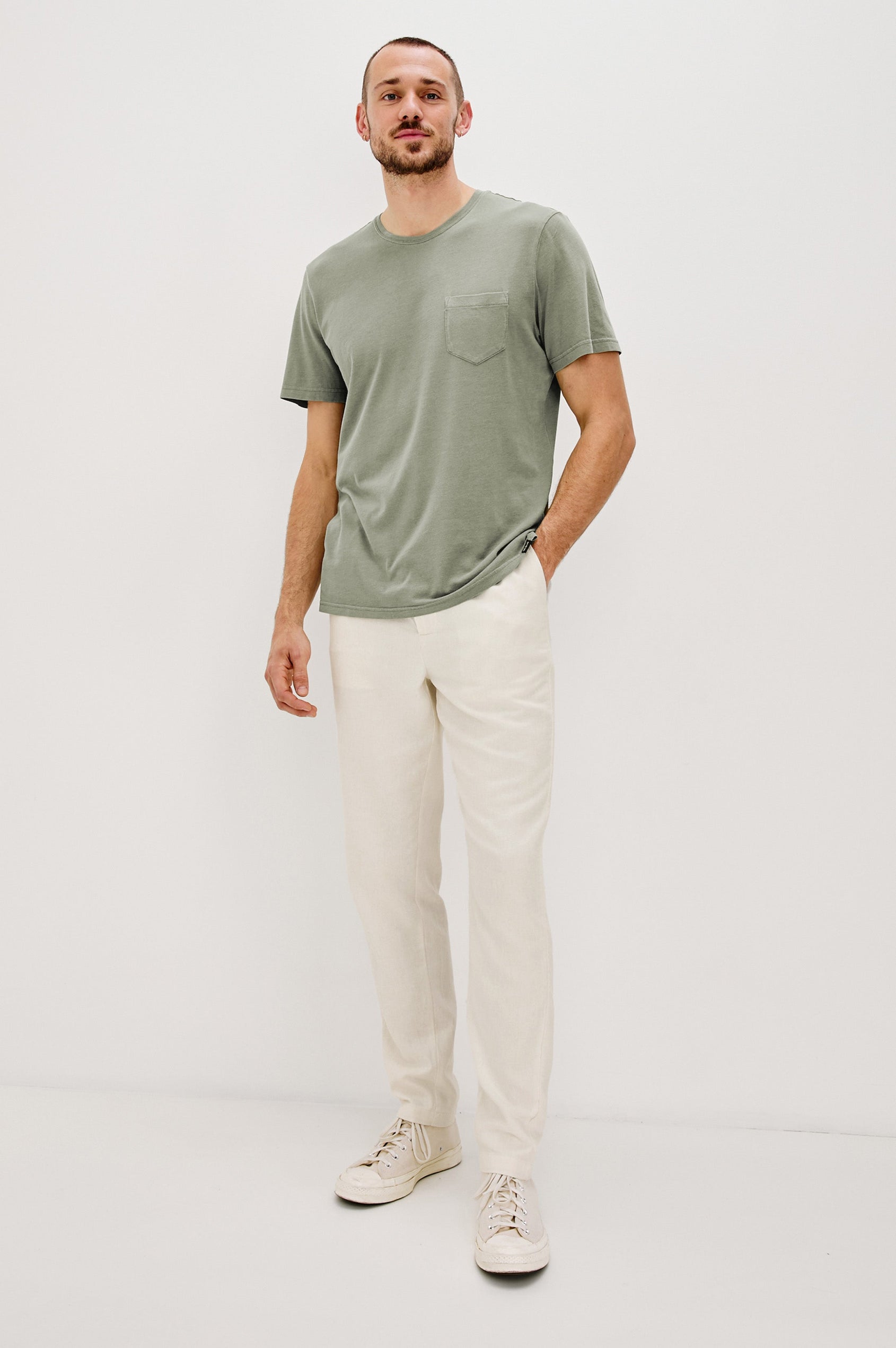Callum extended length linen straight leg pant with elastic waistband and adjustable drawstring in Ecru - full body front view on model
