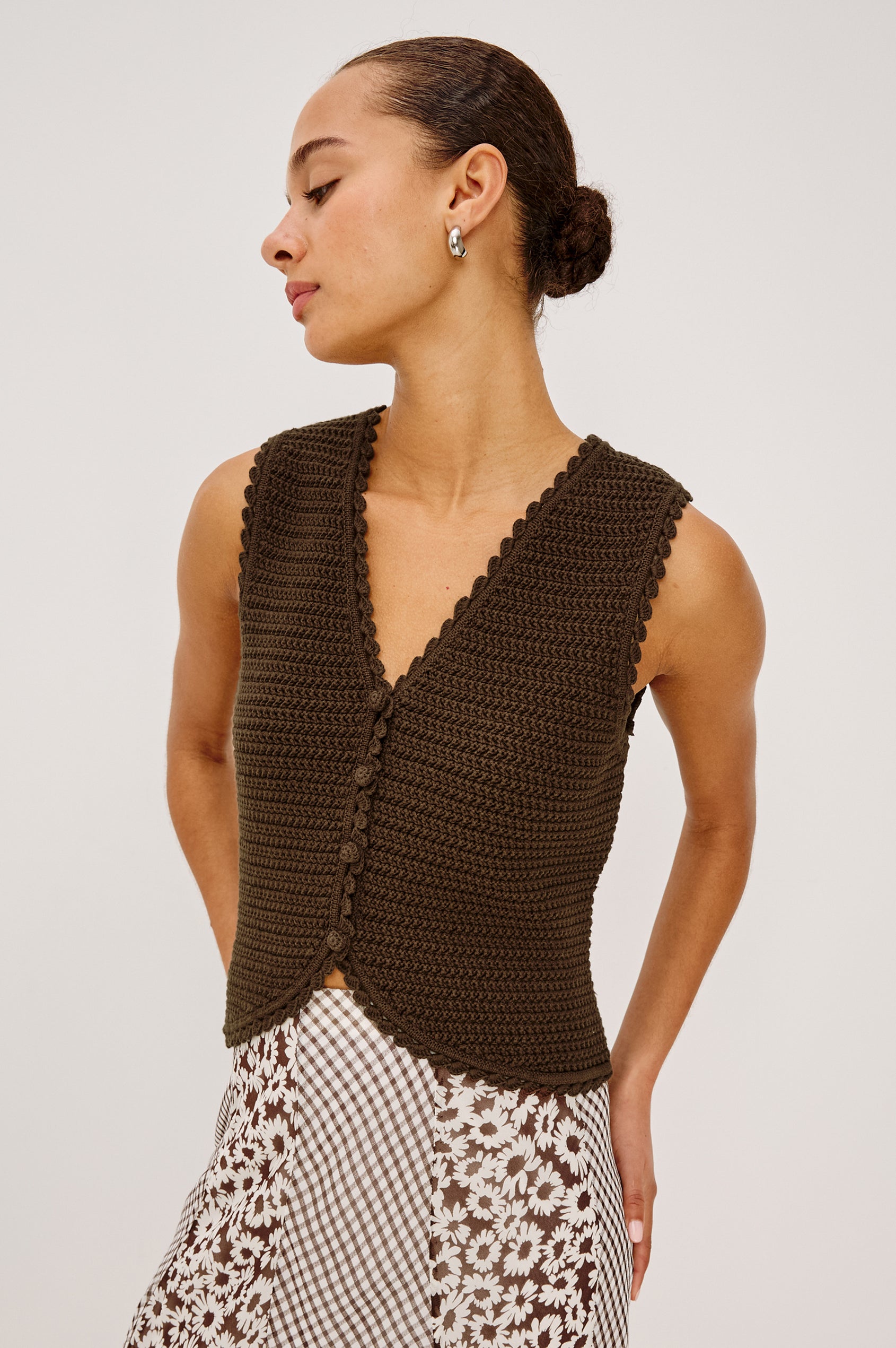 Calypso Knit Sleeveless Vest Top With Front Buttons and Relaxed Fit in Espresso Colorway - Upper Body Front View Featured on Model