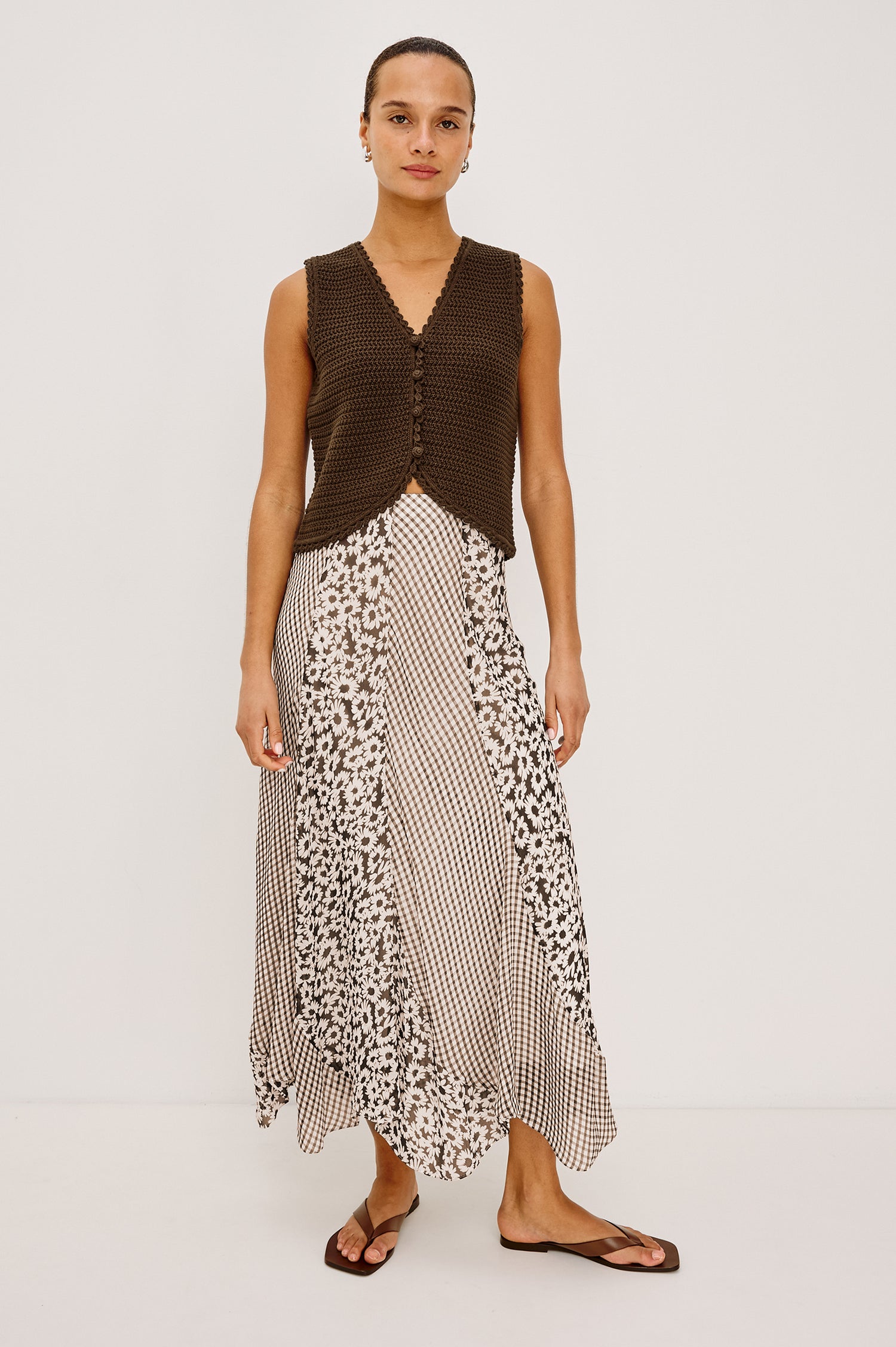 Calypso Knit Sleeveless Vest Top With Front Buttons and Relaxed Fit in Espresso Colorway - Full Body Front View Featured on Model