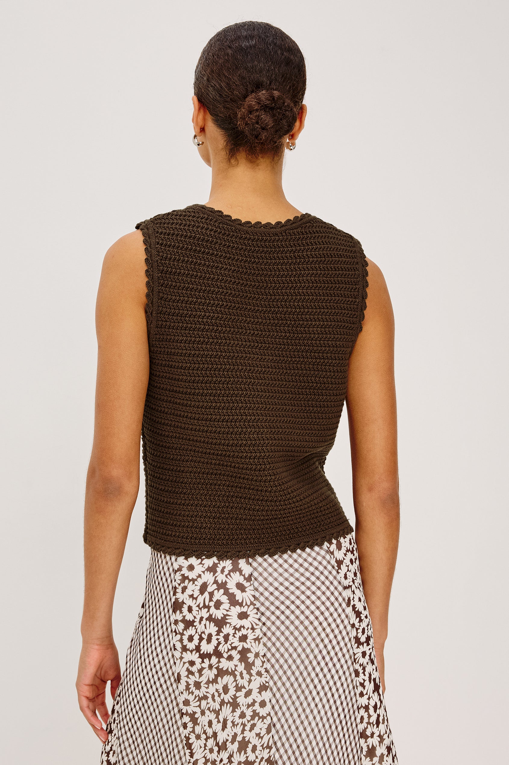 Calypso Knit Sleeveless Vest Top With Front Buttons and Relaxed Fit in Espresso Colorway - Upper Body Back View Featured on Model