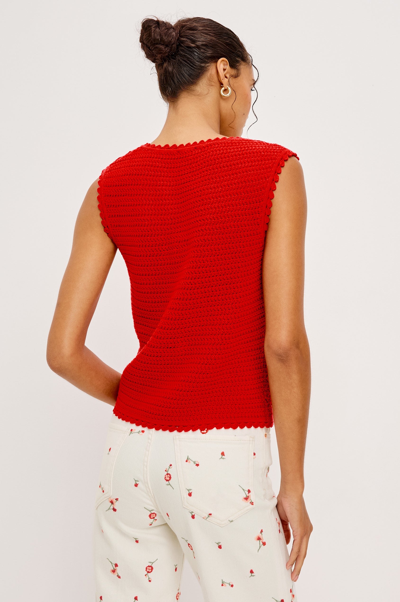 Calypso Knit Sleeveless Vest Top With Front Buttons and Relaxed Fit in Scarlet Colorway - Upper Body Back View Featured on Model
