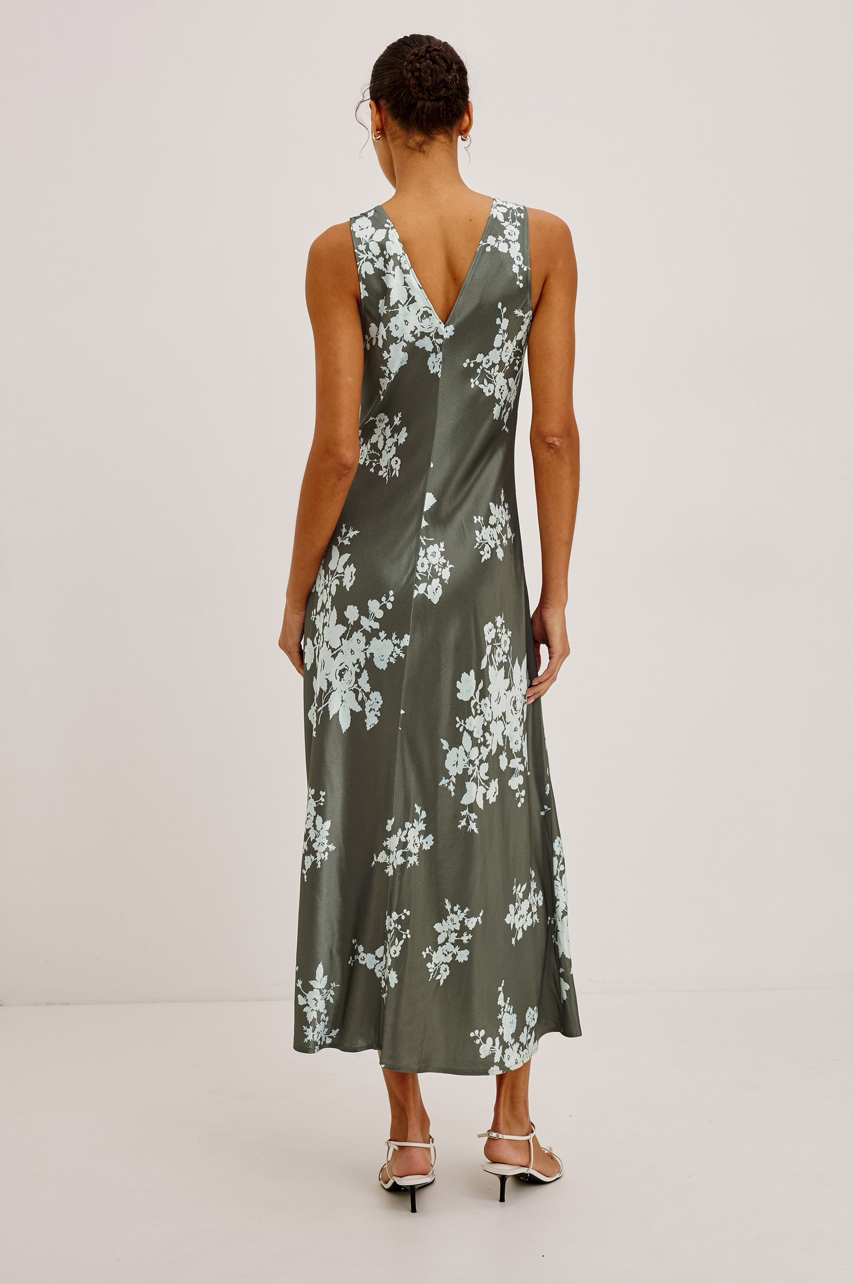Camellia Midi Dress in Satin-Back Crepe With Bias Cut, Deep V-Neckline, and Wide Shoulder Straps in Lace Floral Colorway - Full Body Back View Featured on Model