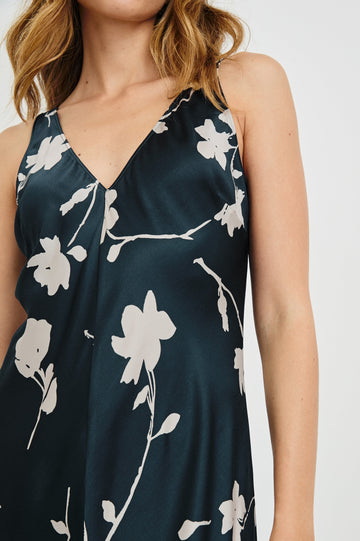 Camellia Sleeveless Midi Dress with Shoulder Straps and a V Neck in Midnight Roses Colorway, with cream flowers on Midnight - Front View Featured on Model