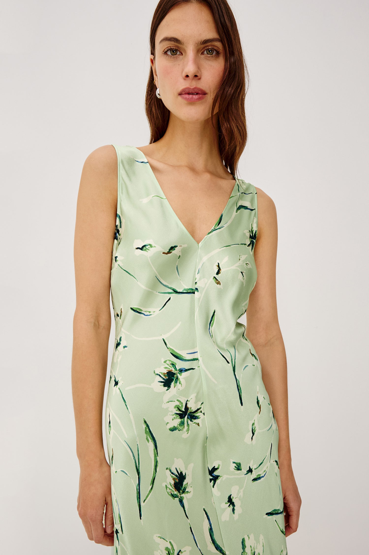 Camellia Bias Cut Maxi Dress in Satin Crepe With Wide Shoulder Straps and V-Neckline in Mint Linnea Colorway - Full Body Front View Featured on Model