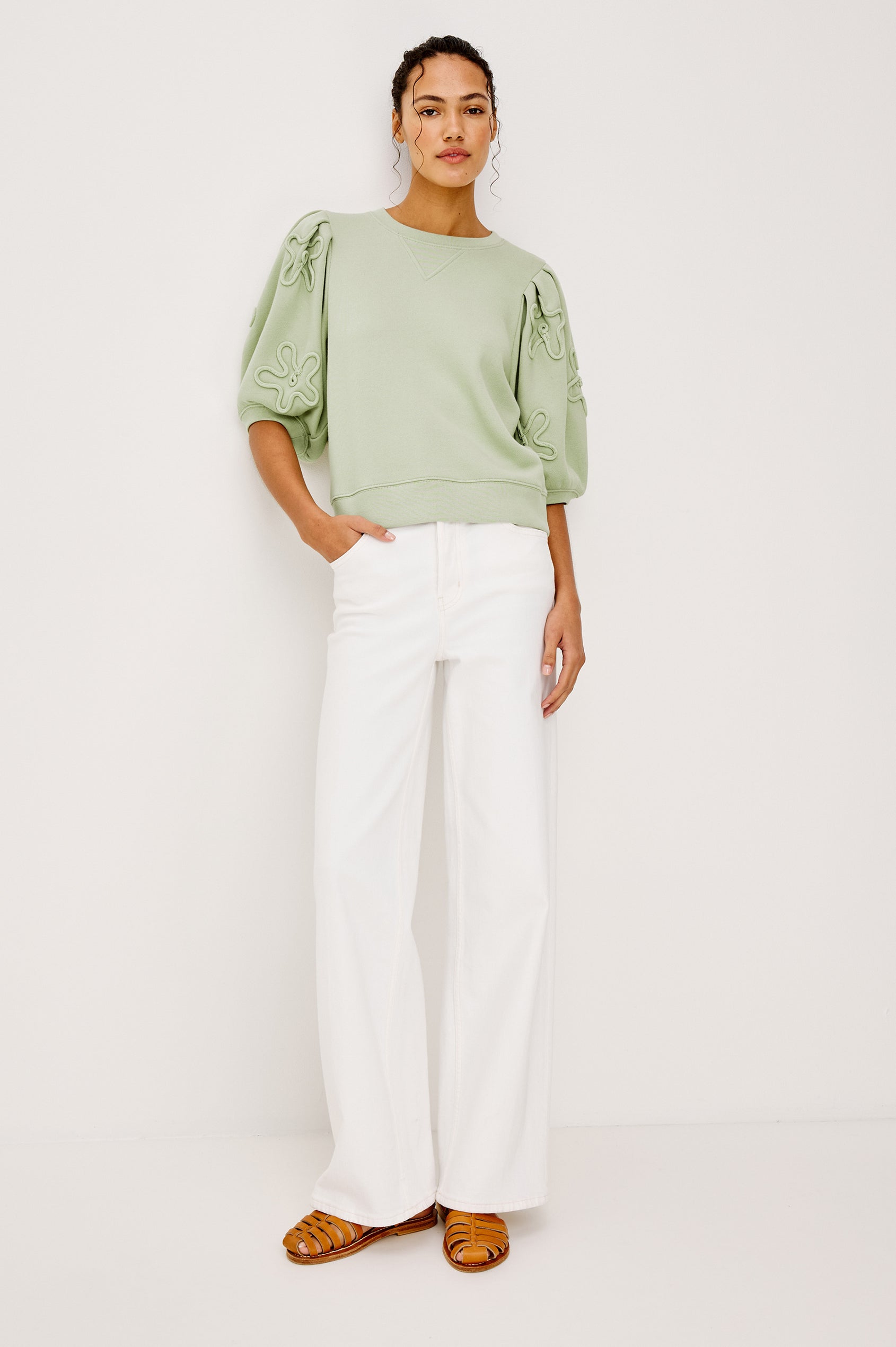 Camy Crewneck Sweatshirt in French Terry With Crew Neckline Soutached Florals and Puff Sleeves in Vintage Sage Colorway - Full Body Front View Featured on Model