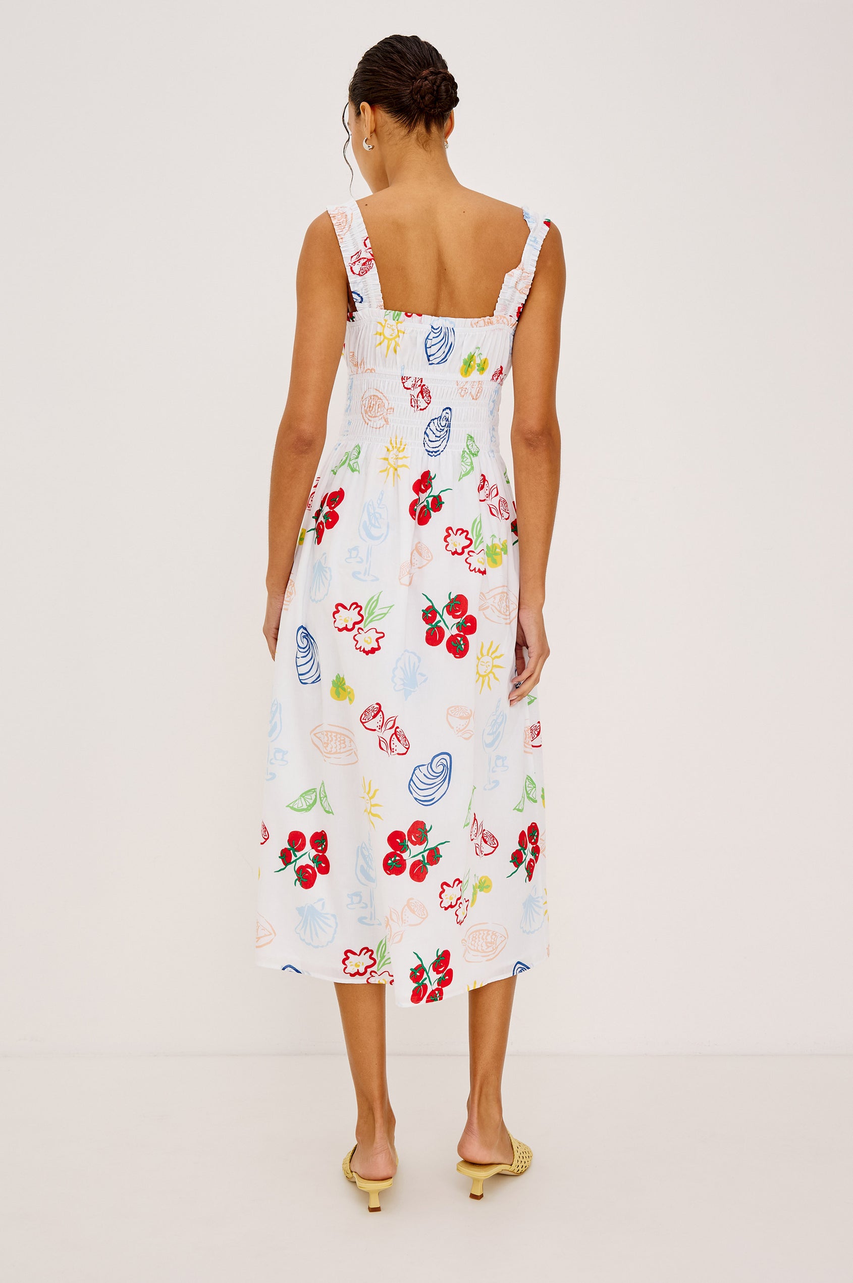 Capri Midi Dress in Cotton Poplin with Square Neckline, Ruched Bust and Center Ties, Smocked Shoulder Straps, Empire Waist, and Fully Lined A-Line Skirt in White Antipasti Colorway - Full Body Back View Featured on Model