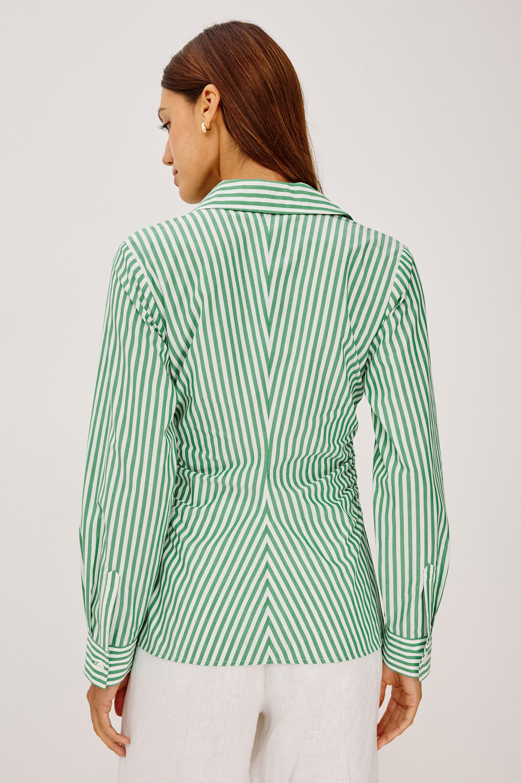 Caralyn Button-Up Shirt in Cotton Poplin With Collar, Long Sleeves, Gathered Waist, and Molded Sun Front Buttons in Emerald Stripe Colorway - Upper Body Back View Featured on Model