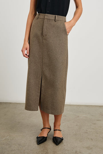Carolina Midi Skirt with a Center Slit, Belt Loops, Two Front Pockets and Two Back Welt Pockets in Hazelnut Colorway - Front View Featured on Model 
