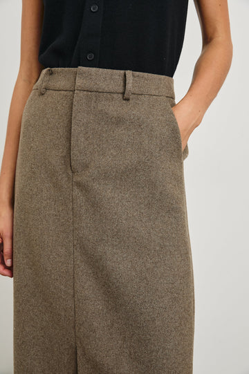 Carolina Midi Skirt with a Center Slit, Belt Loops, Two Front Pockets and Two Back Welt Pockets in Hazelnut Colorway - Front View Featured on Model 