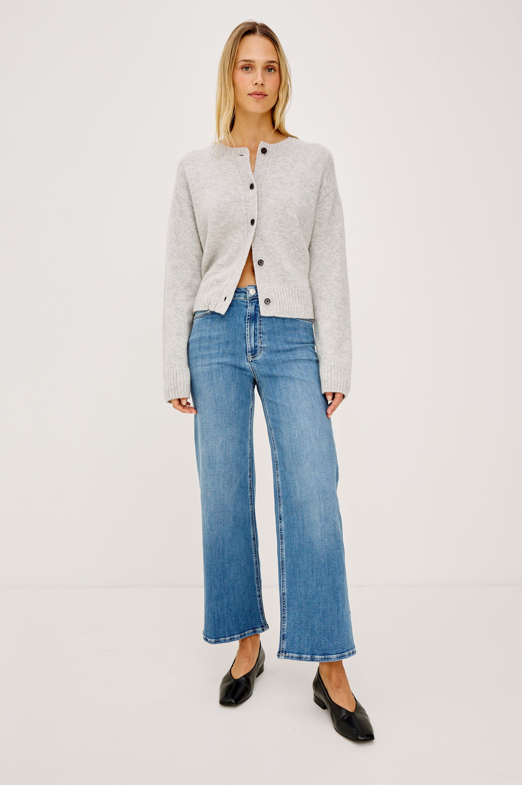Carre Cardigan in Wool-Cashmere Knit Blend, Relaxed Slightly Boxy Fit, Crew Neckline, Front Buttons, Long Sleeves, and Ribbed Trim in Heather Grey Colorway - Full Body Front View Featured on Model