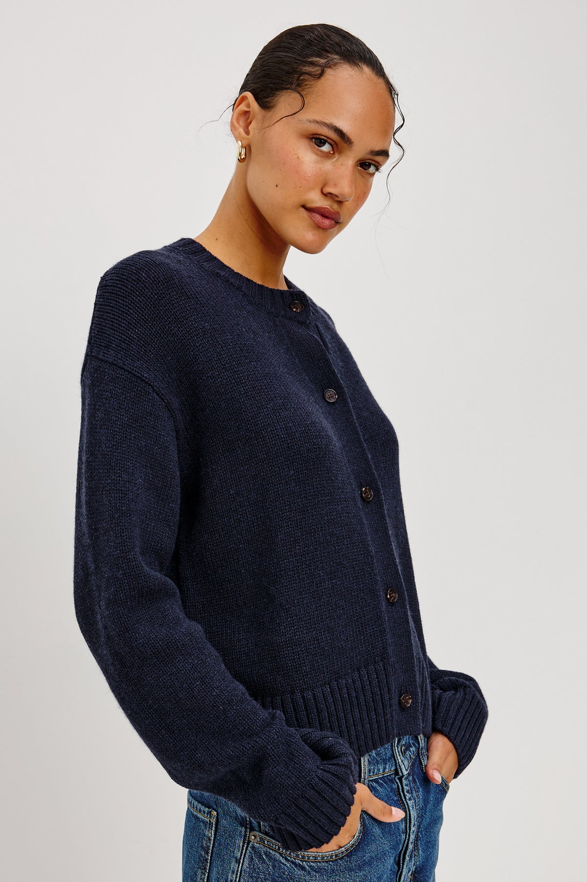 Carre Cardigan in Wool-Cashmere Blend With Relaxed Slightly Boxy Fit, Crew Neckline, Front Buttons, Long Sleeves, and Chunky Rib Trim in Navy Colorway - Upper Body Front View Featured on Model
