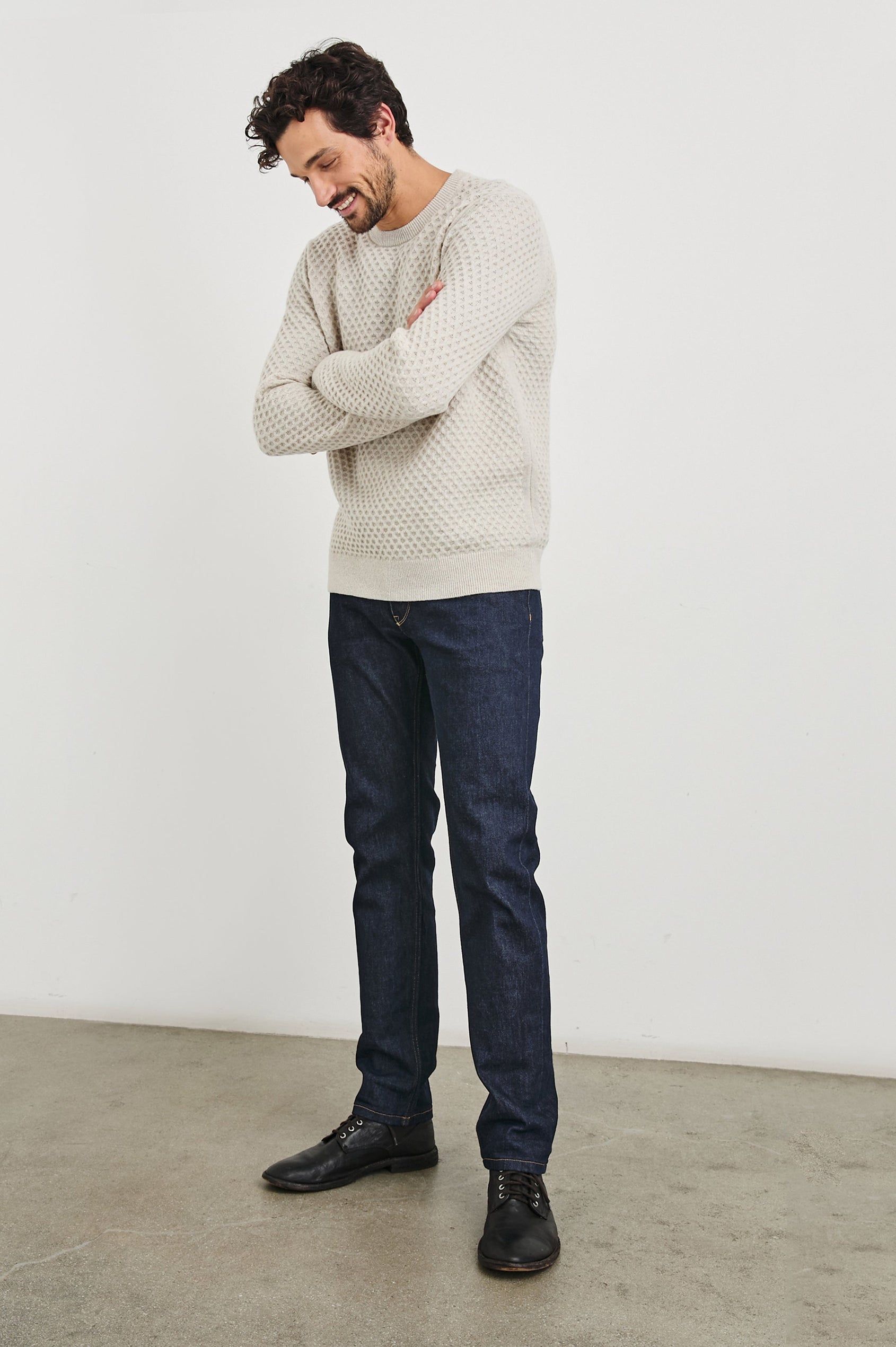 Carrick Long-Sleeve Sweater with a Crew Neck, Honeycomb Stitch, and Ribbed Trim in Oatmeal Heather Colorway - Front Full Body View Featured on Model