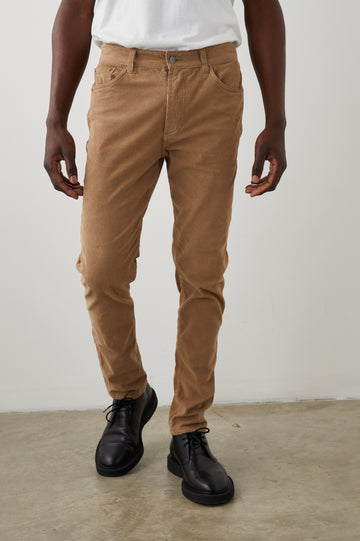 Carver Pants with Belt Loops, Two Front Pockets plus a Coin Pocket and Two Back Patch Pockets in Corduroy Sandstone Colorway - Front View Featured on Model