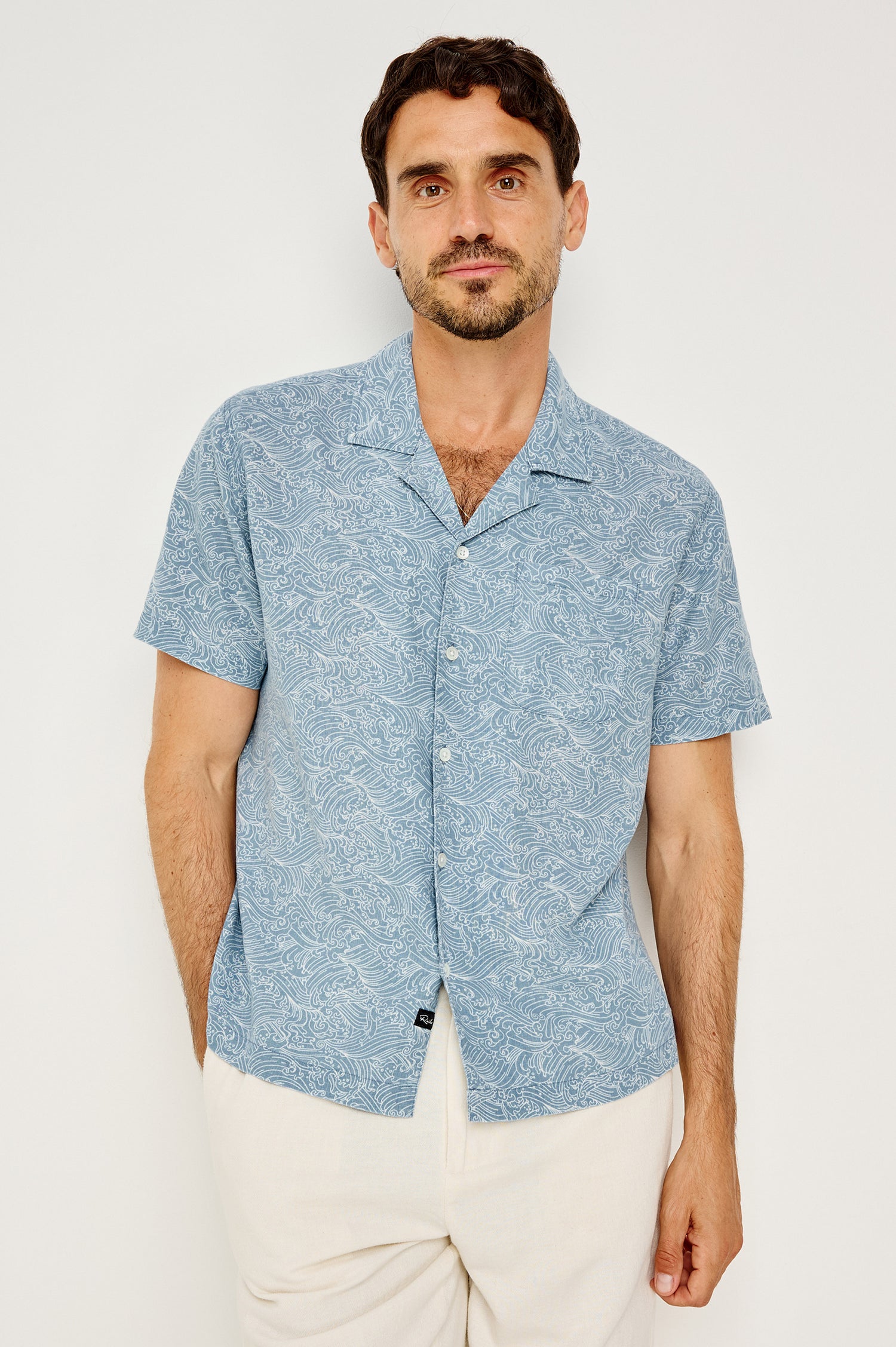 Cash Boxy Button-Up Shirt With Vintage-Inspired Notched Collar, Front Buttons, and Short Sleeves in Hawaiian Ice Colorway - Upper Body Front View Featured on Model