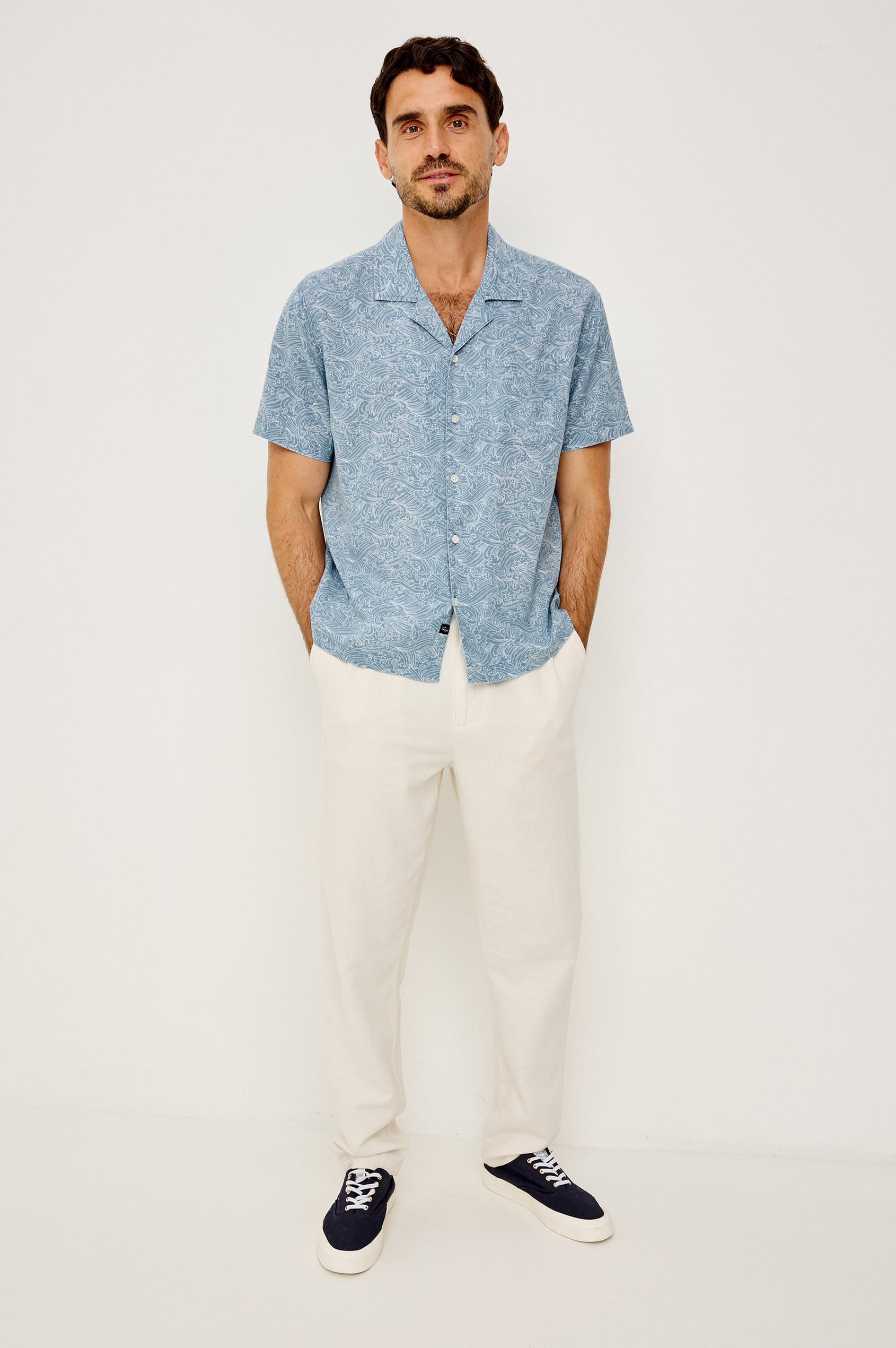 Cash Boxy Button-Up Shirt With Vintage-Inspired Notched Collar, Front Buttons, and Short Sleeves in Hawaiian Ice Colorway - Full Body Front View Featured on Model