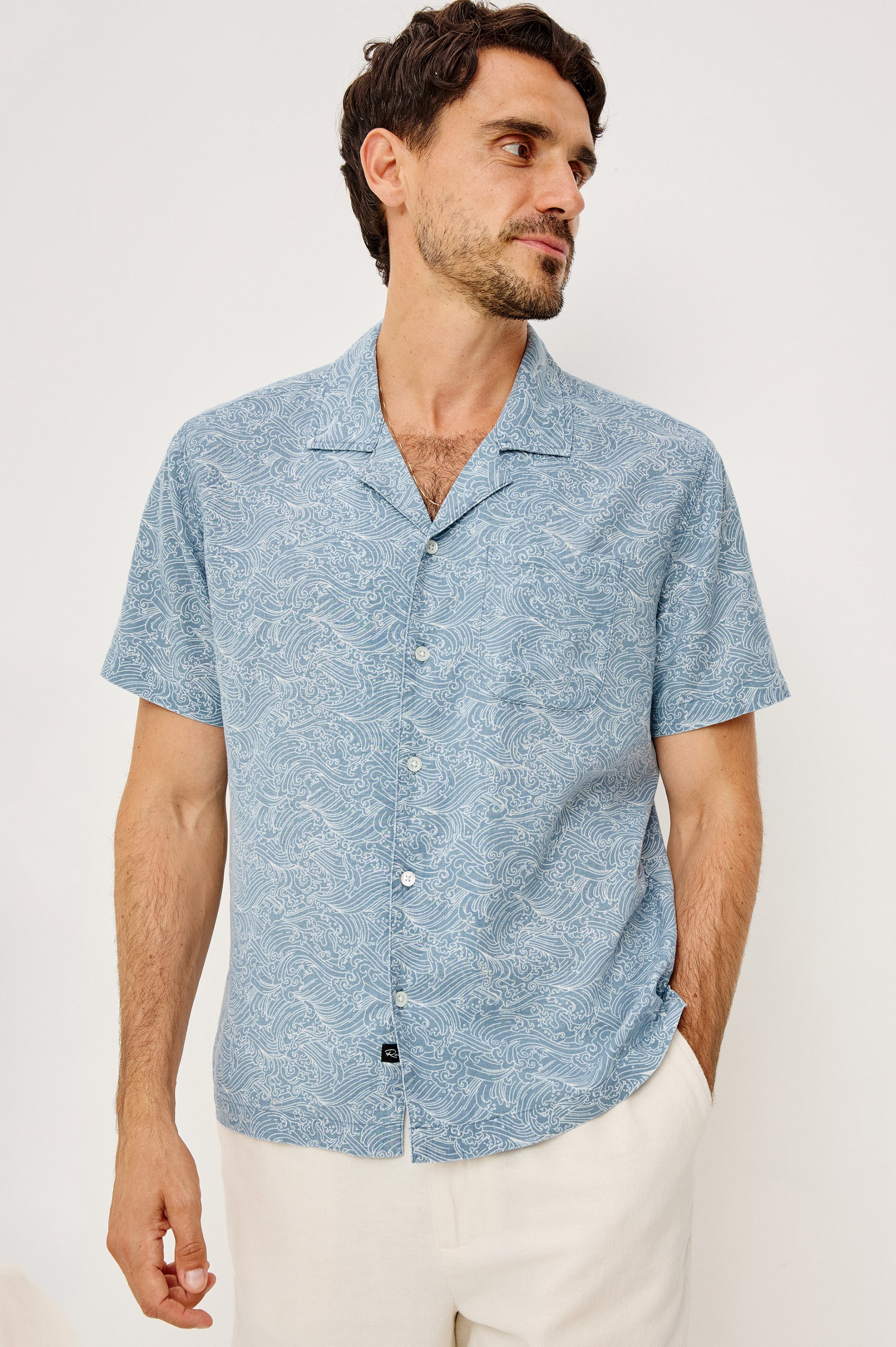Cash Boxy Button-Up Shirt With Vintage-Inspired Notched Collar, Front Buttons, and Short Sleeves in Hawaiian Ice Colorway - Front View Featured on Model