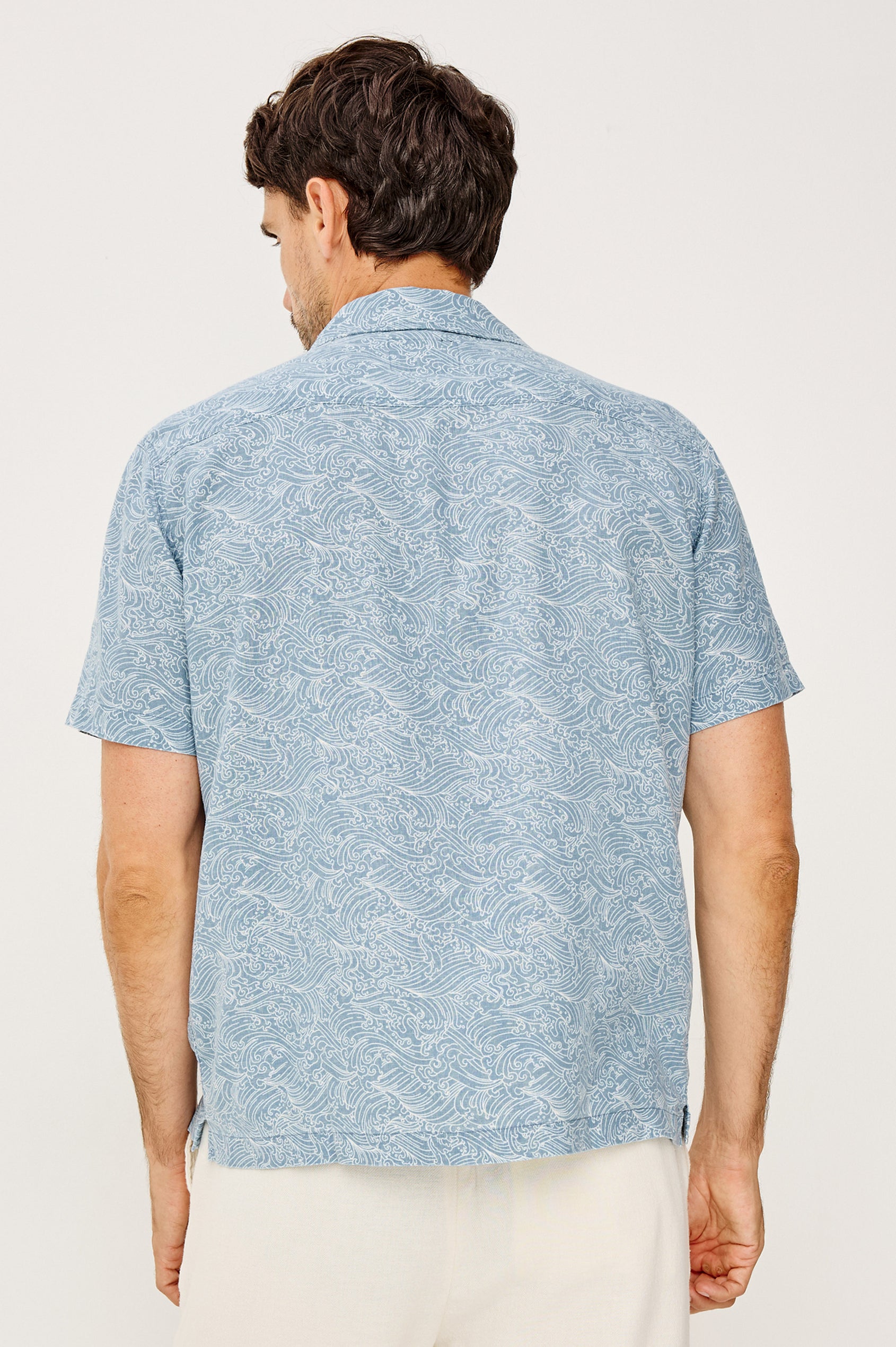 Cash Boxy Button-Up Shirt With Vintage-Inspired Notched Collar, Front Buttons, and Short Sleeves in Hawaiian Ice Colorway - Upper Body Back View Featured on Model