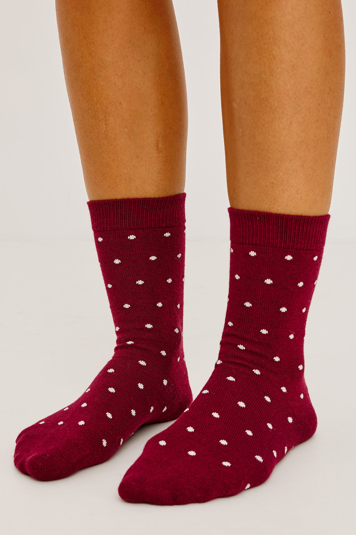 Cashmere Crew Socks in Soft Cotton-Cashmere Blend With Ribbed Cuffs in Cardinal Polka Dot Colorway - Upper Body Front Detail View Featured on Model.
