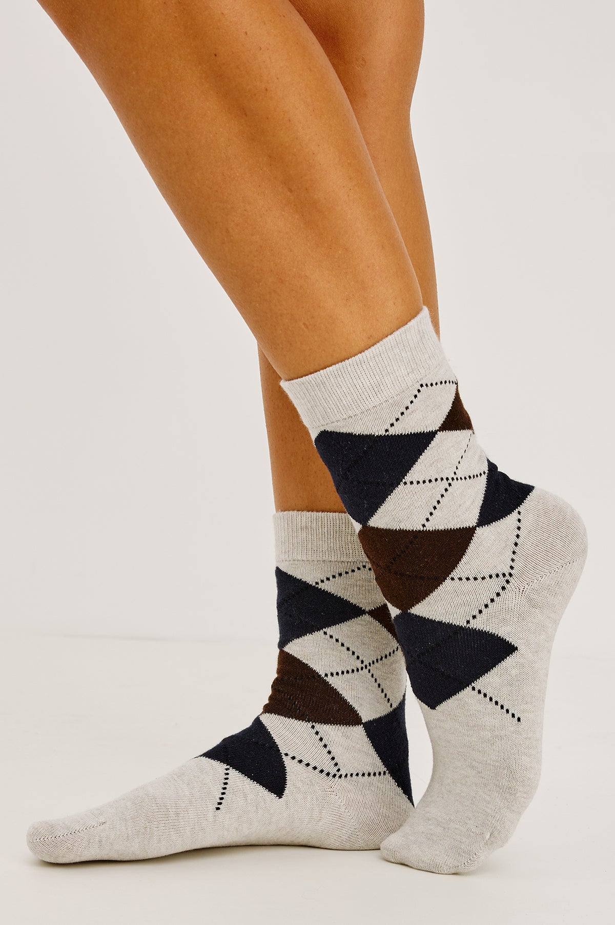 Cashmere Crew Socks in Soft Cotton-Cashmere Blend With Ribbed Cuffs in Navy Cedar Argyle Colorway - Upper Body Front View Featured on Model.