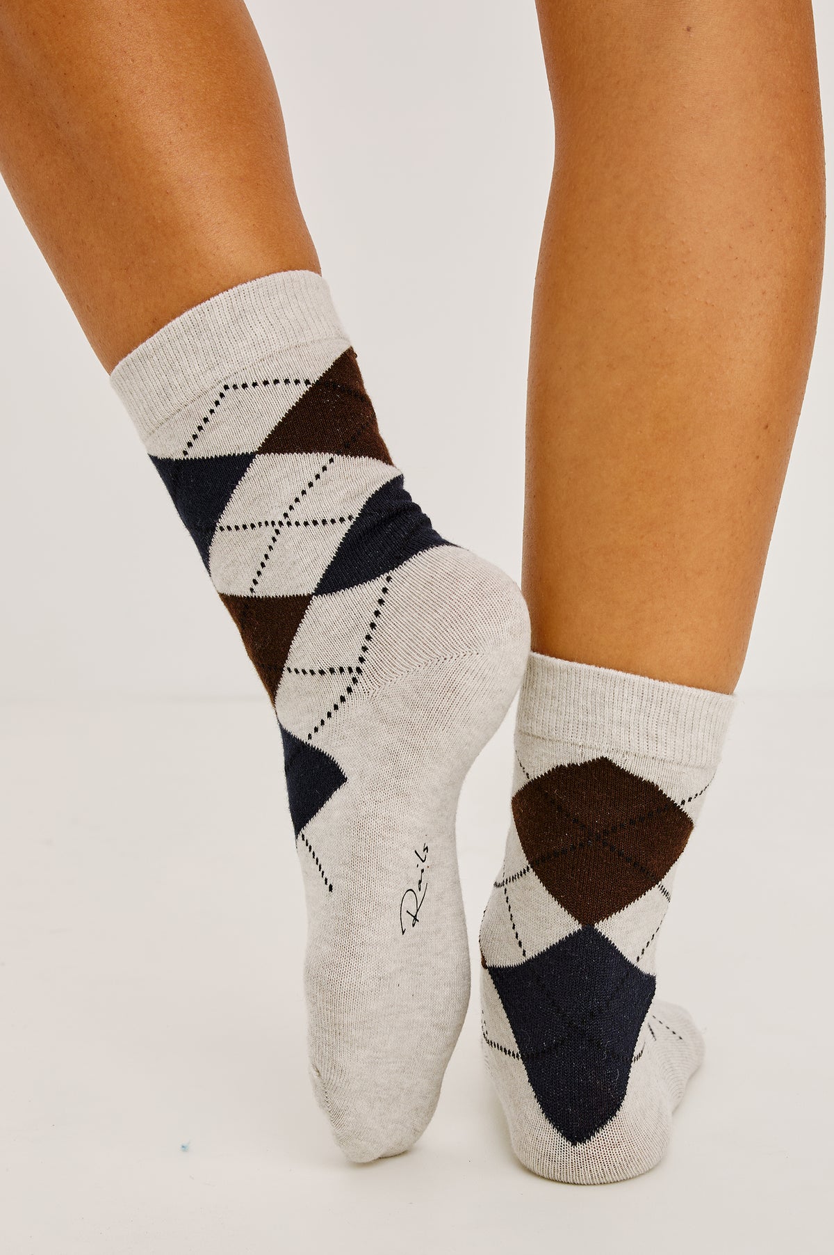 Cashmere Crew Socks in Soft Cotton-Cashmere Blend With Ribbed Cuffs in Navy Cedar Argyle Colorway - Full Body Front View Featured on Model.
