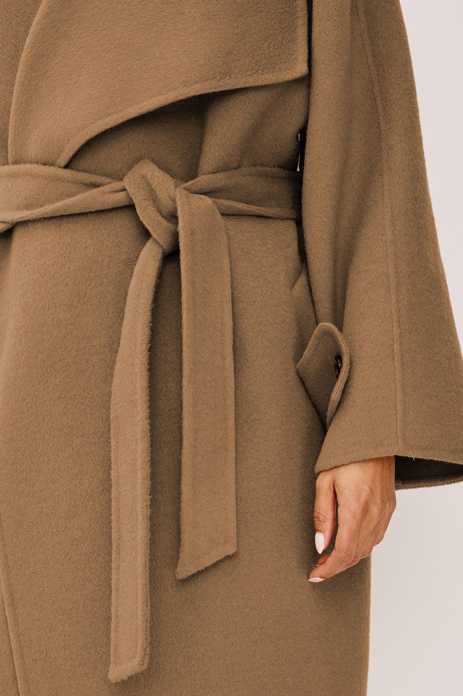 Celeste Coat in Heavy Wool Blend With Shawl Collar, Full Length, Self-Belted Waist, Side Pockets, Button-Tab Cuffs, and Half-Lined Interior in Camel Colorway - Mid Body Front View Featured on Model