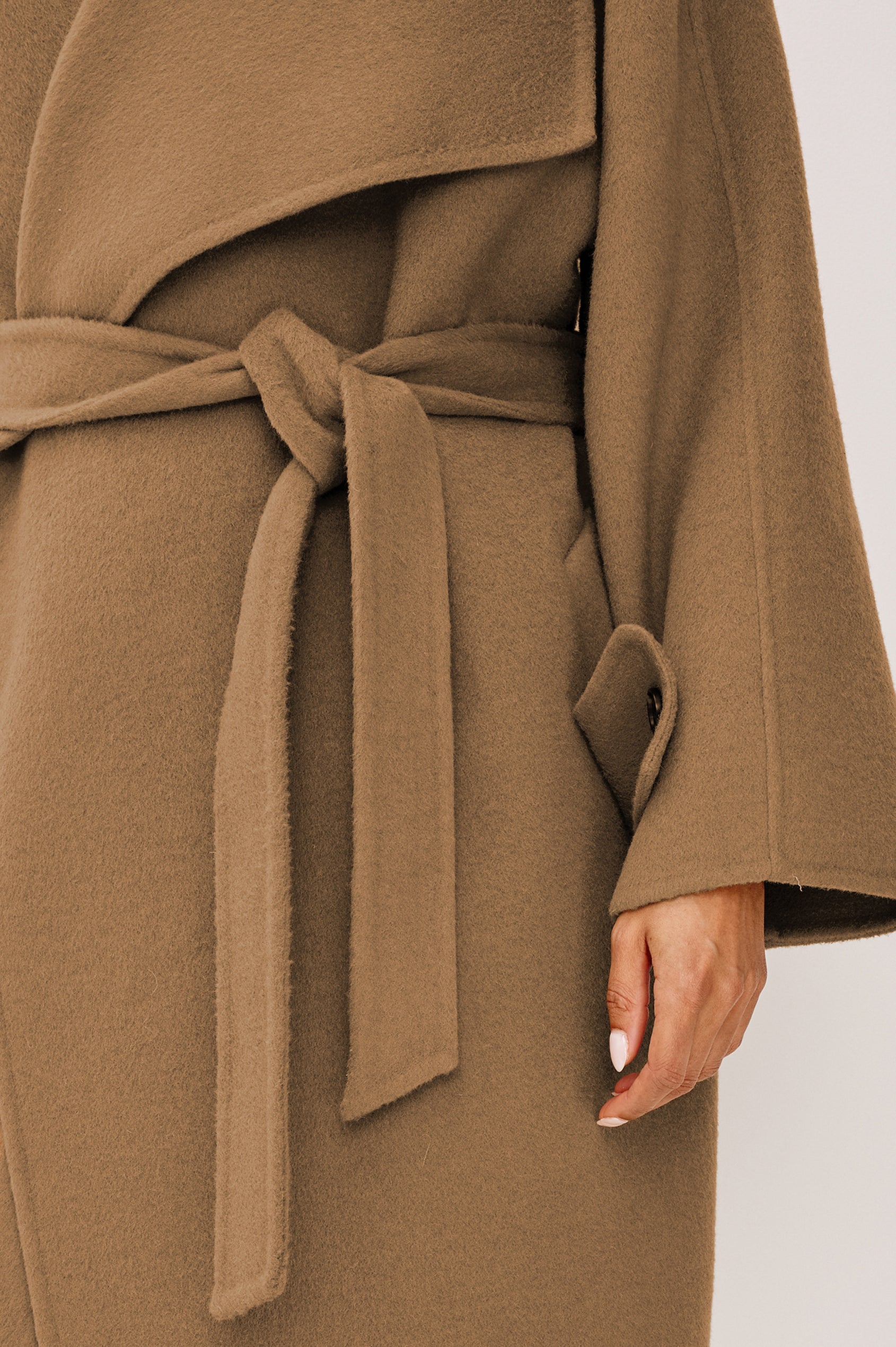 Celeste Coat in Heavy Wool Blend With Shawl Collar, Full Length, Self-Belted Waist, Side Pockets, Button-Tab Cuffs, and Half-Lined Interior in Camel Colorway - Mid Body Front View Featured on Model