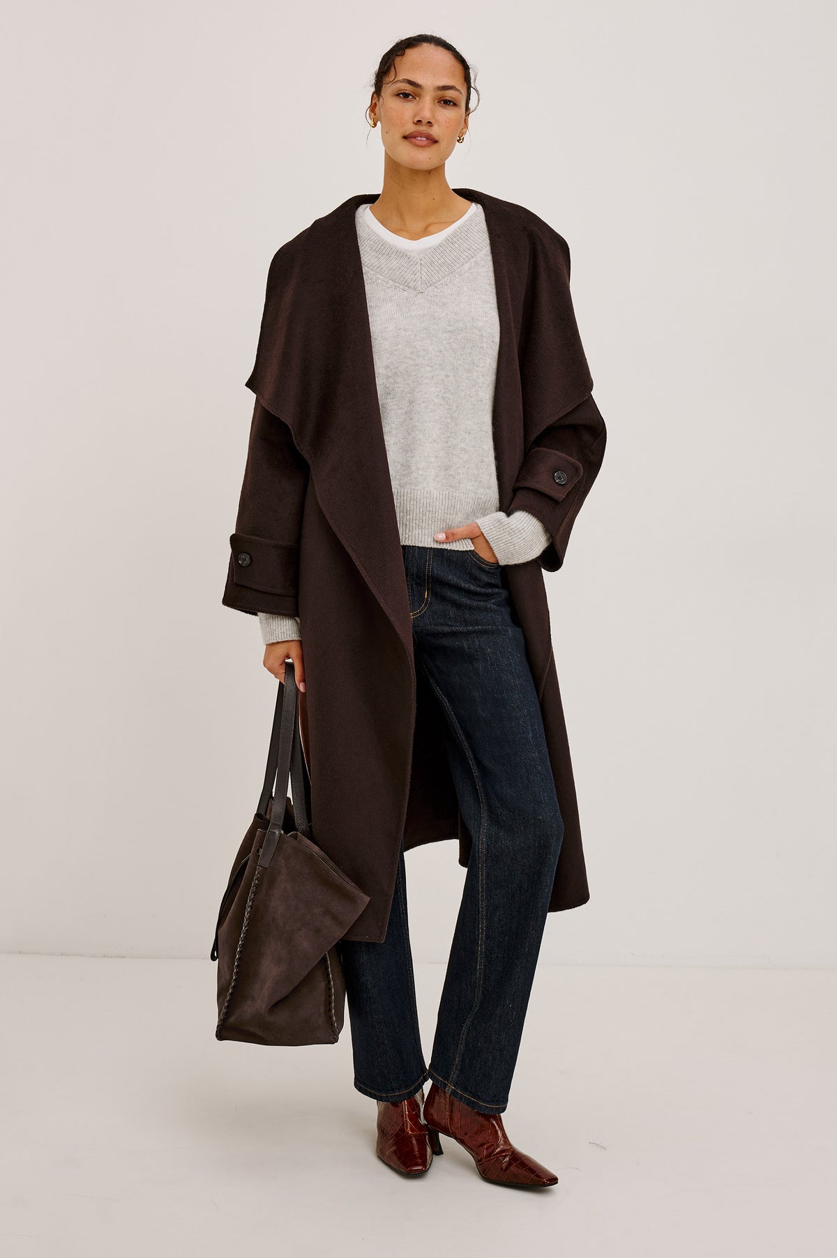 Celeste Coat in Heavy Wool Blend With Shawl Collar, Full Length, Self-Belted Waist, Side Pockets, Button-Tab Cuffs, and Half-Lined Interior in Chocolate Colorway - Full Body Front View Featured on Model