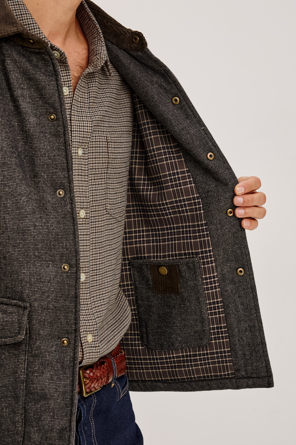 Chambers Jacket in Wool Blend With Poly Lining, Contrast Corduroy Collar, Custom Plaid Lining, Front Snap Top-and-Side Entry Pockets, and Long Sleeves in Highland Sky Colorway -