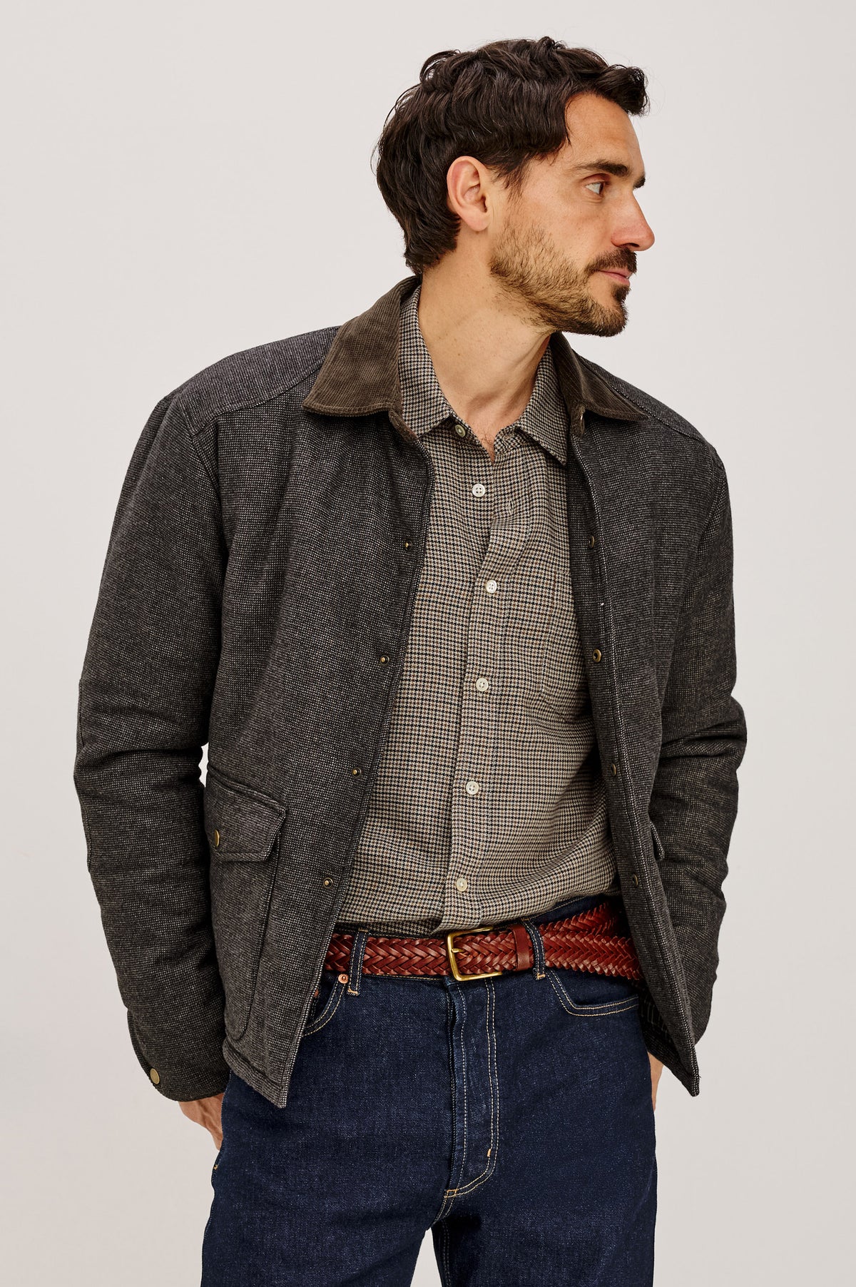 Chambers Jacket in Wool Blend With Poly Lining, Contrast Corduroy Collar, Custom Plaid Lining, Front Snap Top-and-Side Entry Pockets, and Long Sleeves in Highland Sky Colorway -