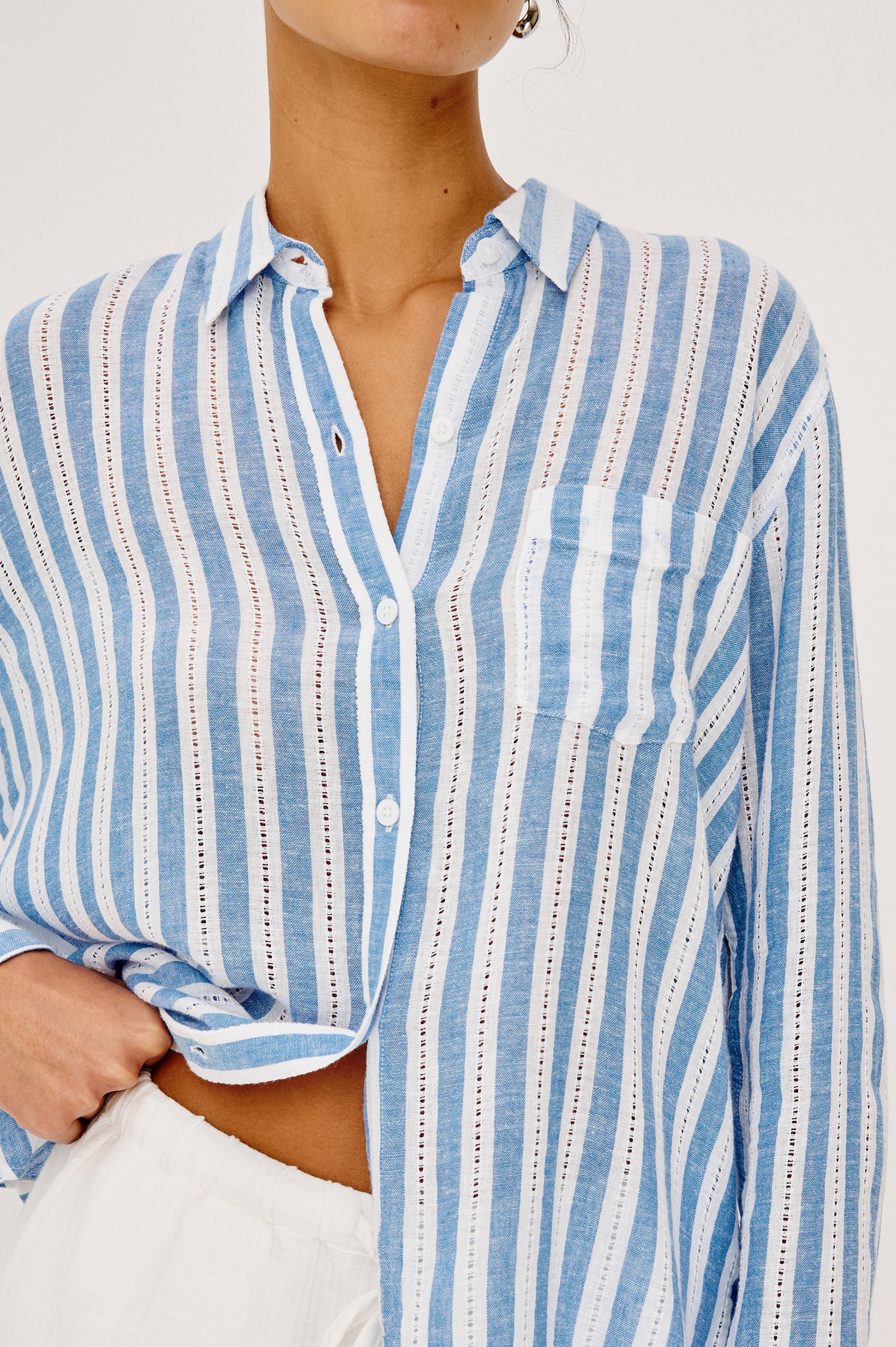 Charli Button-Up Shirt in Linen Blend With Collar Long Sleeves Single Chest Patch Pocket in White and Blue Stripes - Upper Body Front View Zoomed In Featured on Model
