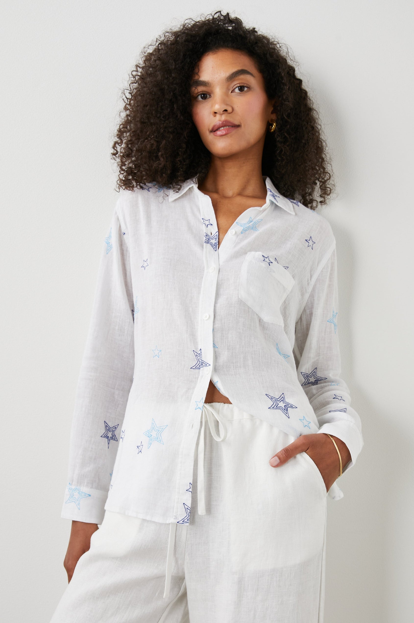 CHARLI SHIRT NAVY STITCHED STARS - FRONT IN MOTION