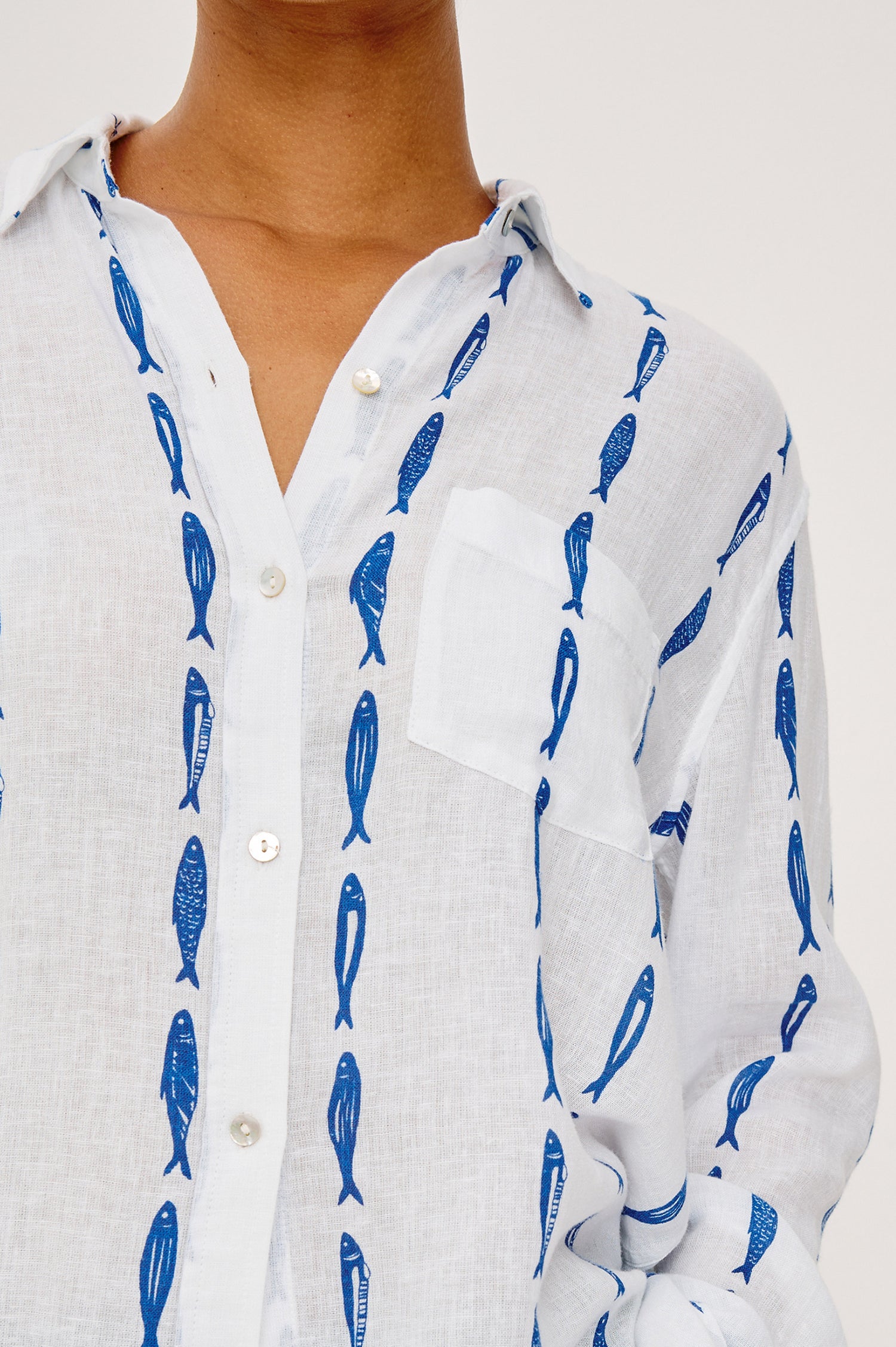 Charli Button-Up Shirt in Linen Blend With Collar, Long Sleeves, Relaxed Fit, and Single Chest Patch Pocket in Sardines Colorway - Upper Body Front View Featured on Model