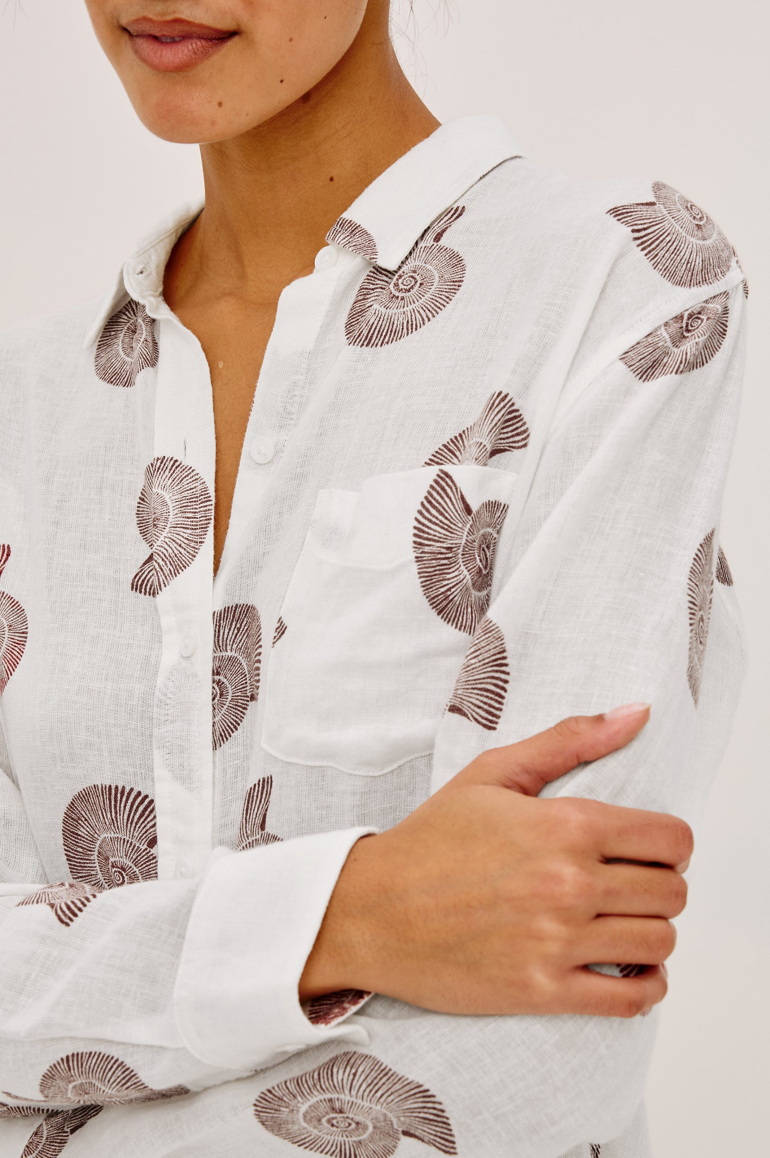 Charli Button-Up Shirt in Linen Blend With Collar, Long Sleeves, Relaxed Fit, and Single Chest Patch Pocket in Spiral Shells Colorway - Upper Body Front View Featured on Model