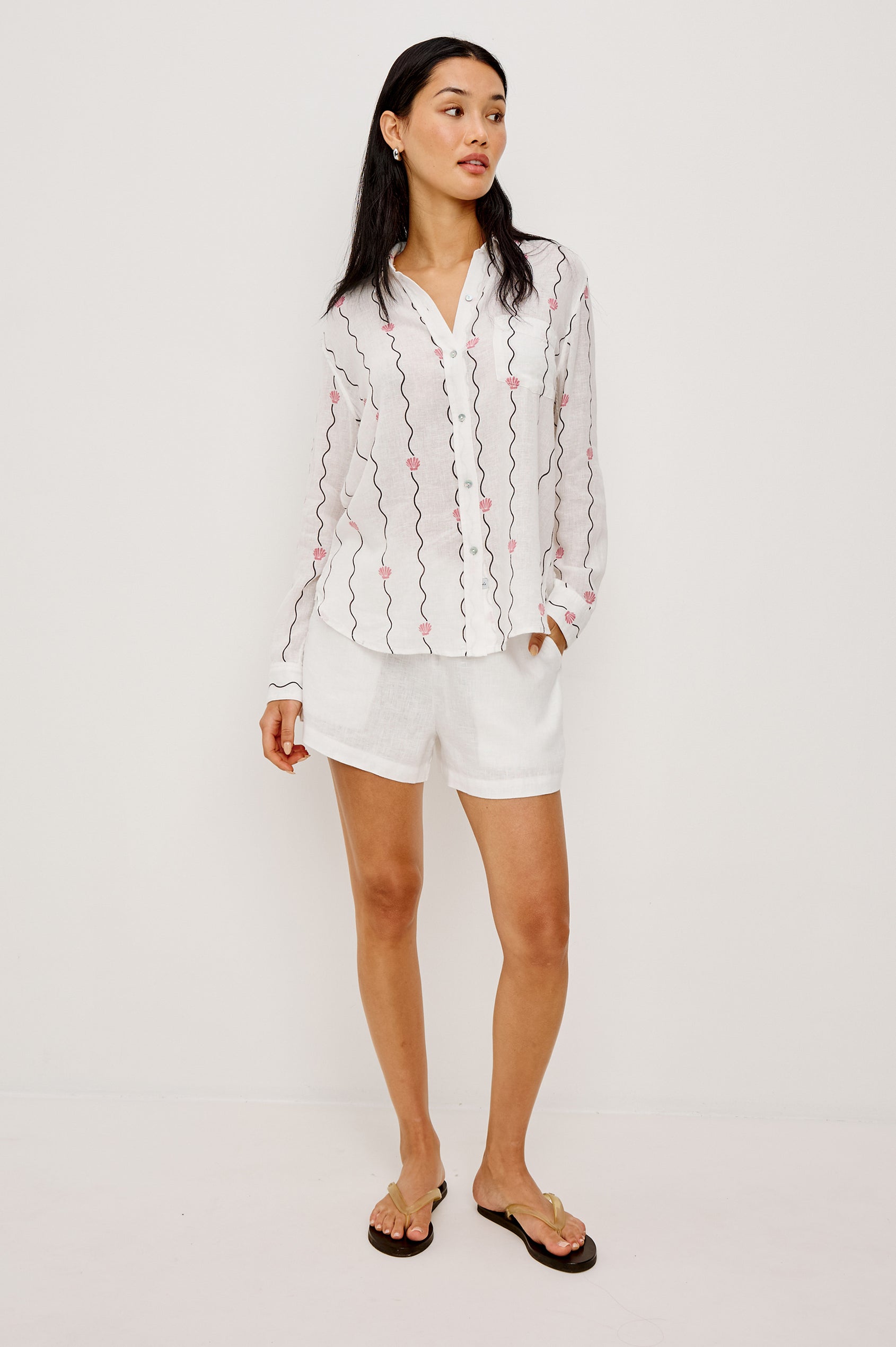 Charli Button-Up Shirt in Eco-Friendly Linen Blend With Collar Long Sleeves Single Chest Patch Pocket in Striped Seashells Colorway - Full Body Front View Featured on Model