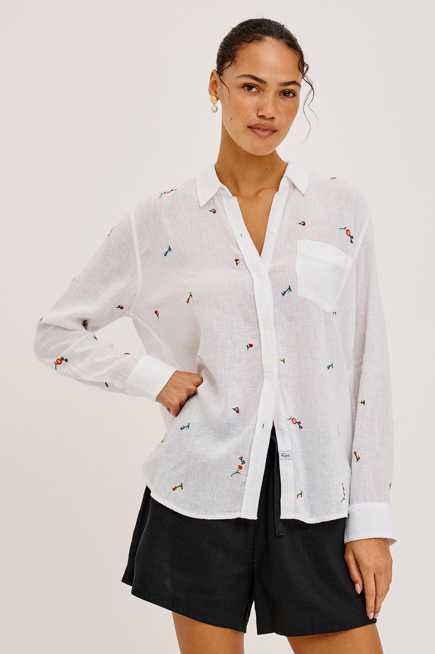 Charli Button-Up Shirt in Linen Blend With Collar, Long Sleeves, Relaxed Fit, and Single Chest Patch Pocket in Wildflower Embroidery Colorway - Upper Body Front View Featured on Model
