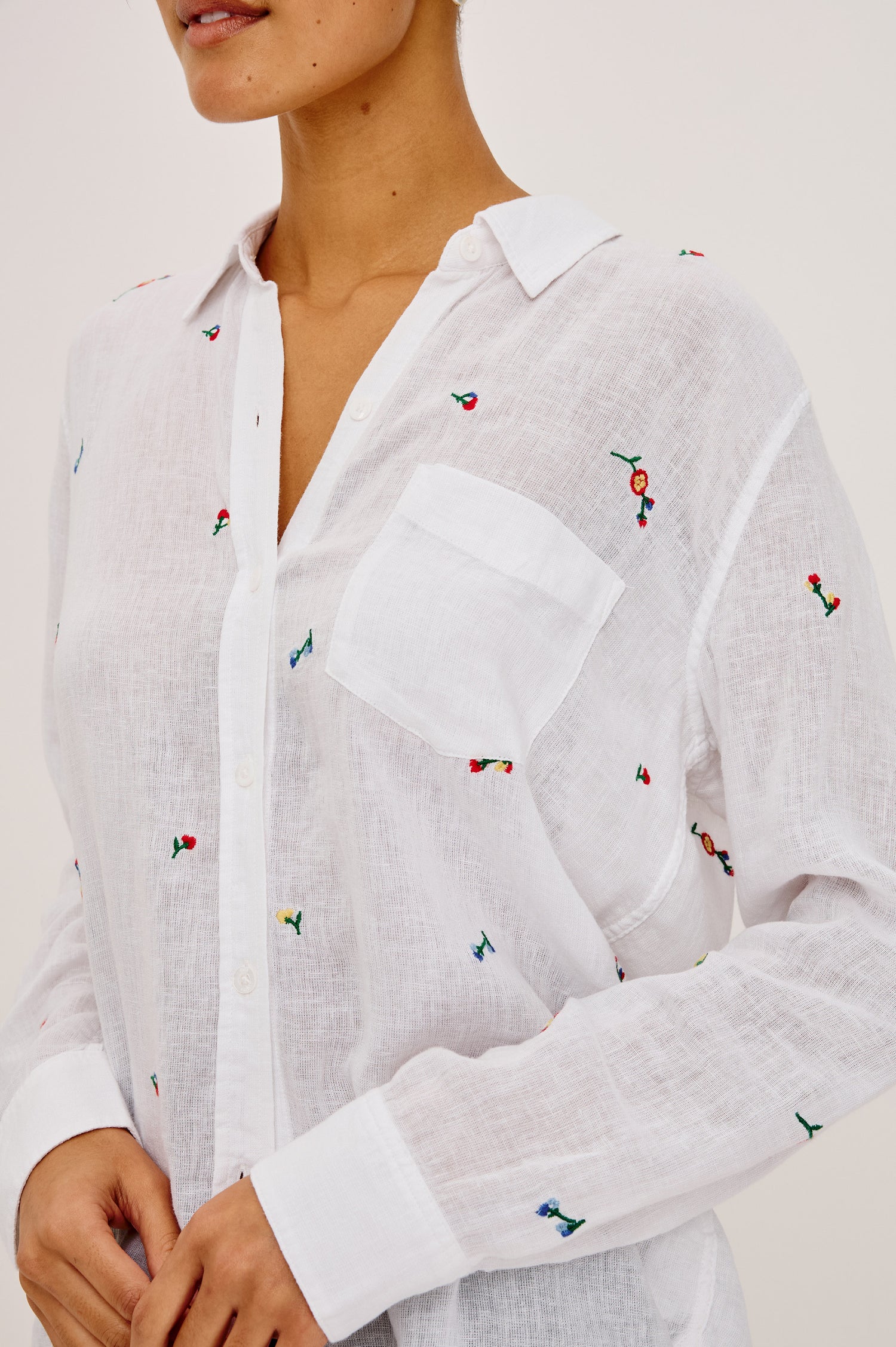 Charli Button-Up Shirt in Linen Blend With Collar, Long Sleeves, Relaxed Fit, and Single Chest Patch Pocket in Wildflower Embroidery Colorway - Upper Body Front View Featured on Model