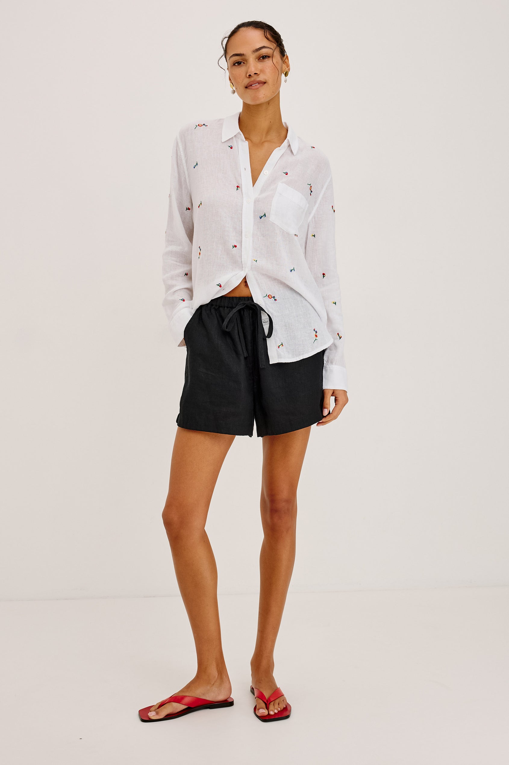 Charli Button-Up Shirt in Linen Blend With Collar, Long Sleeves, Relaxed Fit, and Single Chest Patch Pocket in Wildflower Embroidery Colorway - Full Body Front View Featured on Model