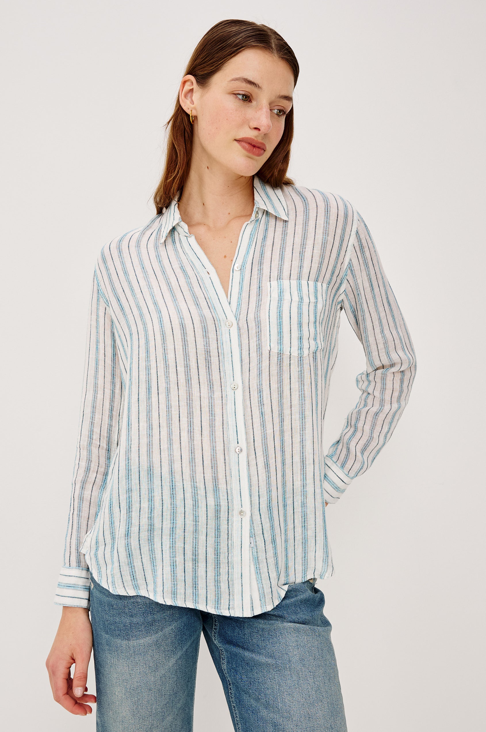 Charli Button-Up Shirt in Eco-Friendly Linen Blend With Collar Long Sleeves Single Chest Patch Pocket in Ivory Bengal Colorway - Upper Body Front View Featured on Model