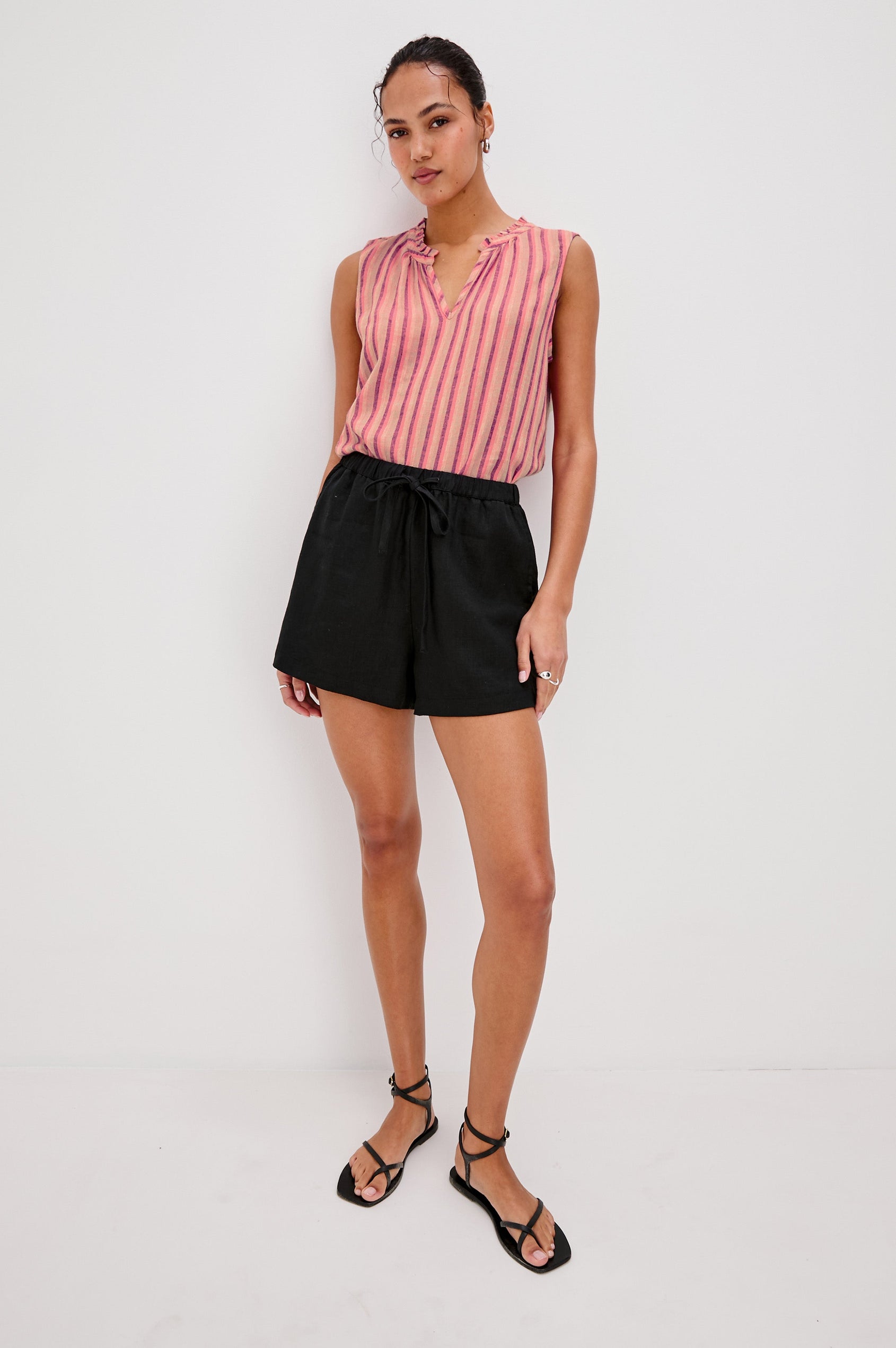 Christy Sleeveless V-Neck Tank Top in Cabana Stripe Colorway. Full Body Front View Shown on Model.