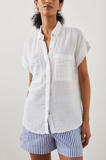 Cito Short-Sleeve Button Down with two Chest Patch Pockets in True White Colorway- Front View Featured on Model