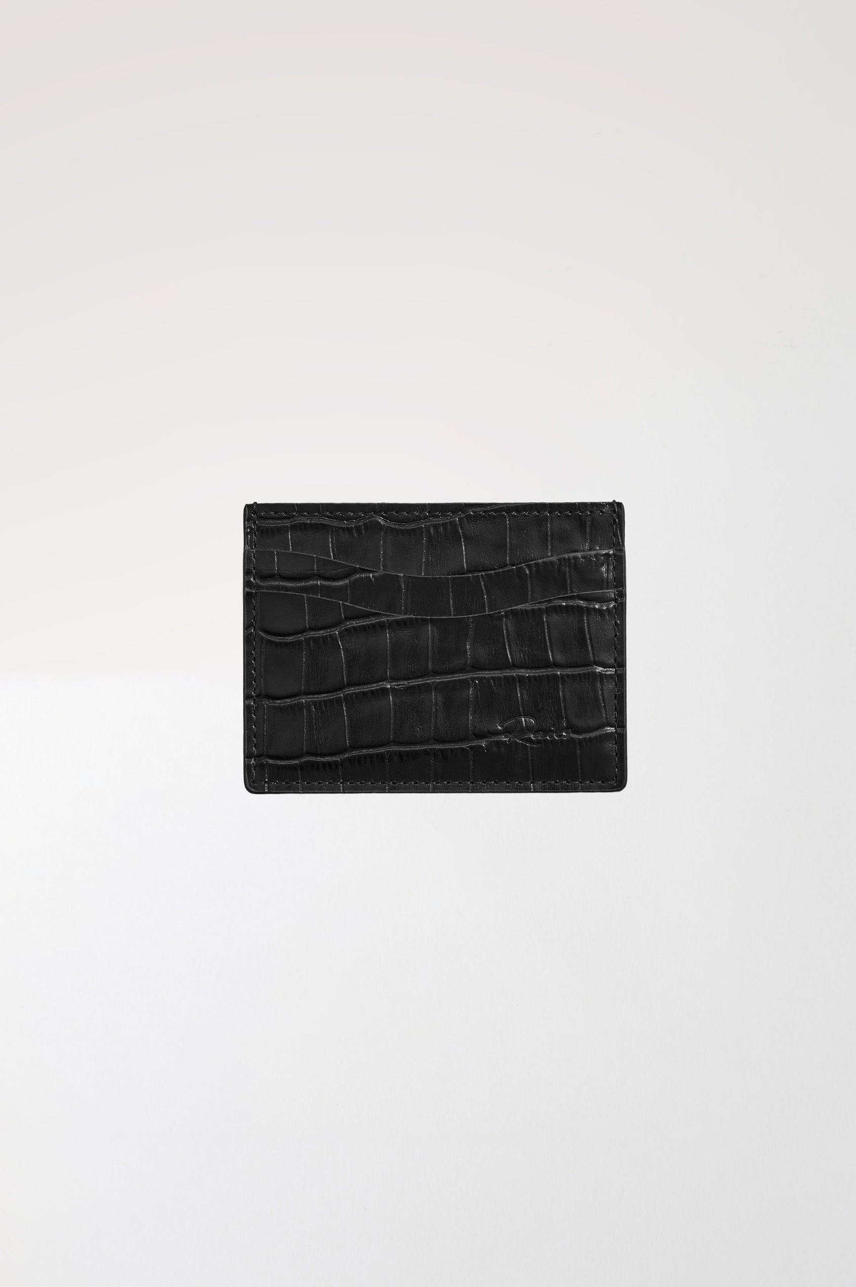 Classic Card Holder in Croc-Embossed Spanish Leather With Top Pocket, Two Front Slip Pockets, and Embossed Rails Logo in Black Croc Embossed Colorway -