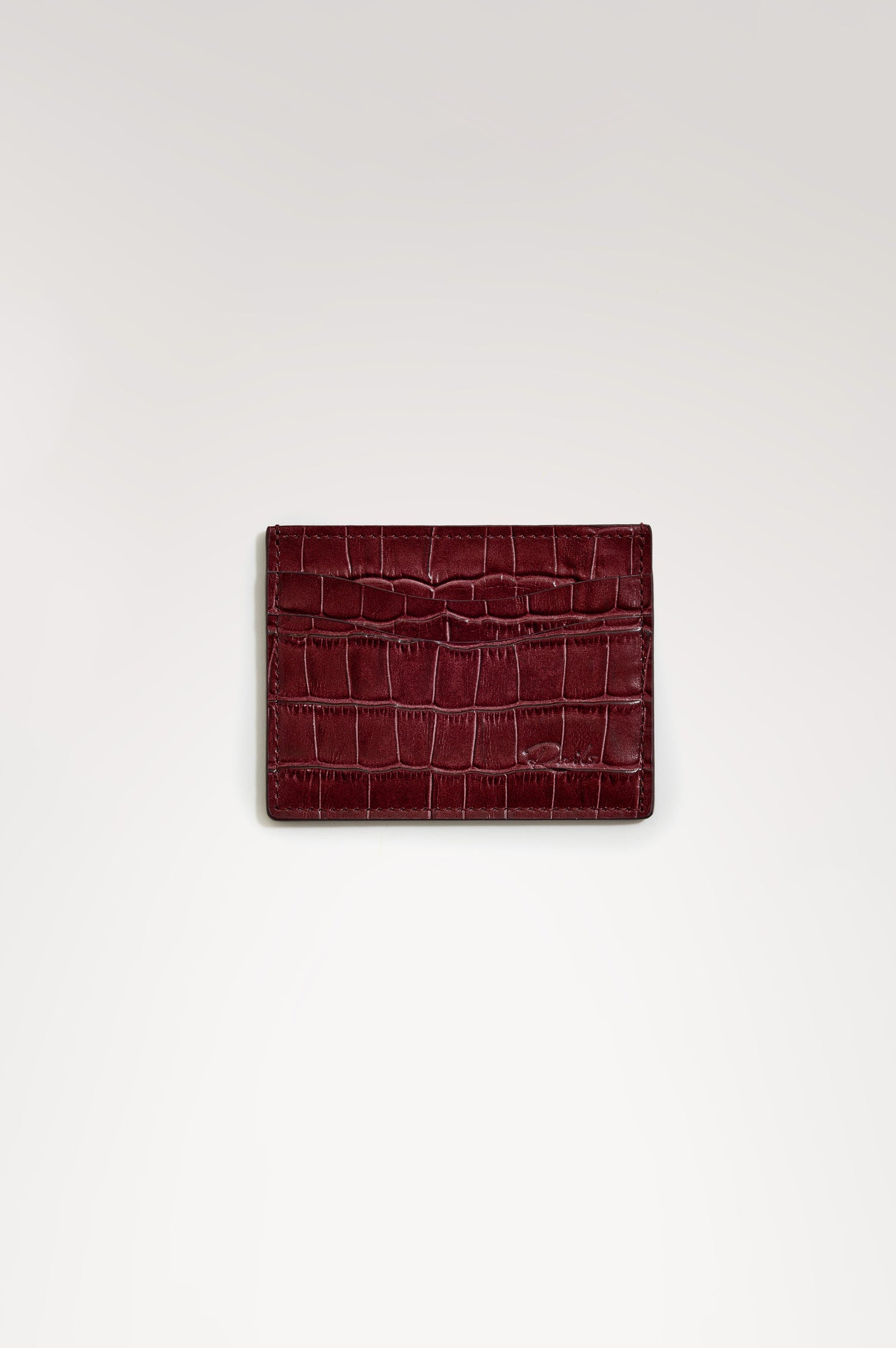 Classic Card Holder in Croc-Embossed Spanish Leather With Top Pocket, Two Front Slip Pockets, and Embossed Rails Logo in Burgundy Croc Embossed Colorway -