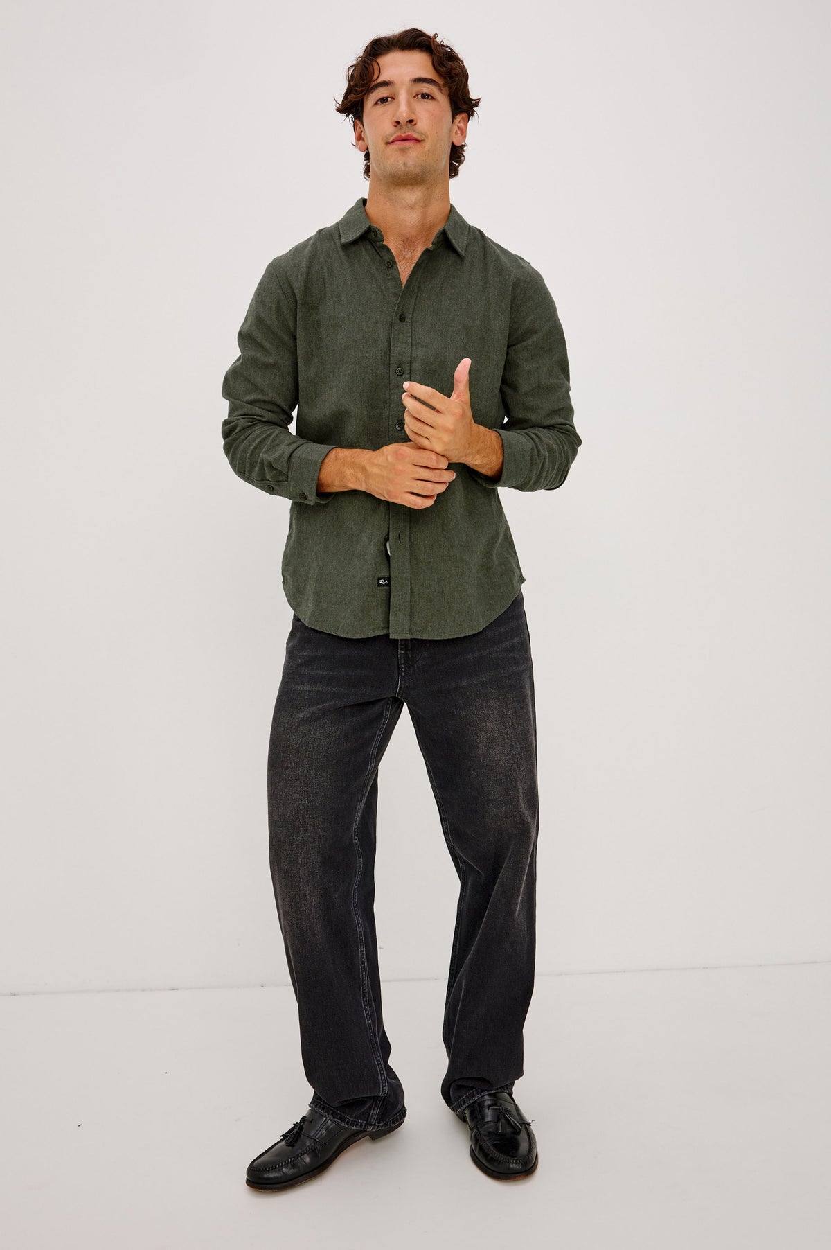 Cliff Shirt in Brushed Herringbone Knit With Classic Collar and Front Buttons in Moss Herringbone Colorway -