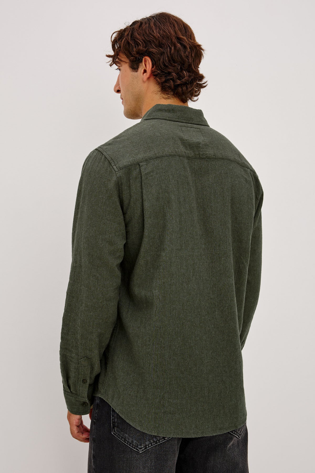 Cliff Shirt in Brushed Herringbone Knit With Classic Collar and Front Buttons in Moss Herringbone Colorway -