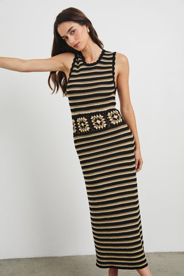 Coco Midi Sleeveless Dress in Brown and Black Milos Crochet Colorway. Full Body Front View Shown on Model.